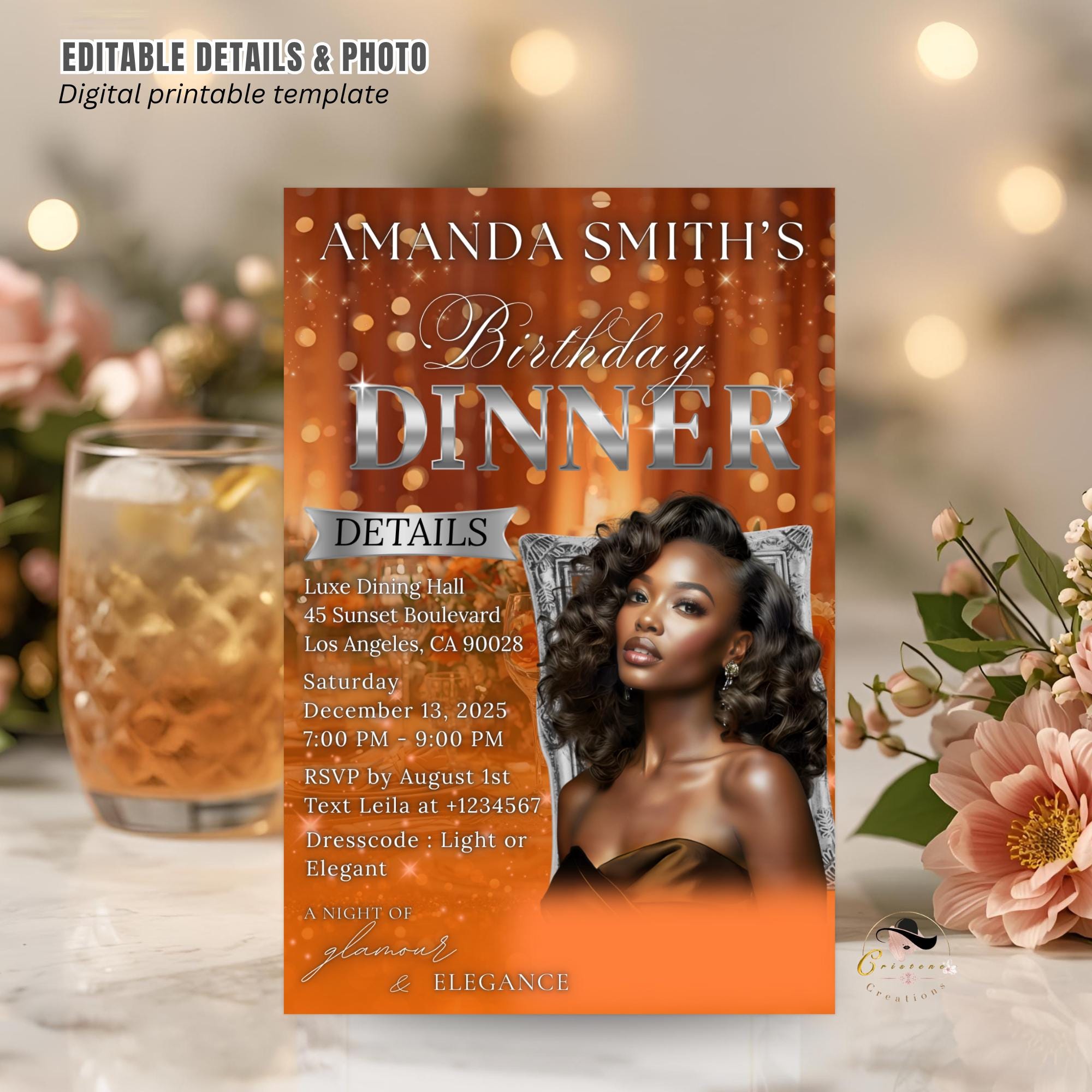 Digital Birthday Dinner Invitation Orange Silver Luxury Dinner Invite with photo, Editable Woman Birthday Invite, Retirement Party Template
