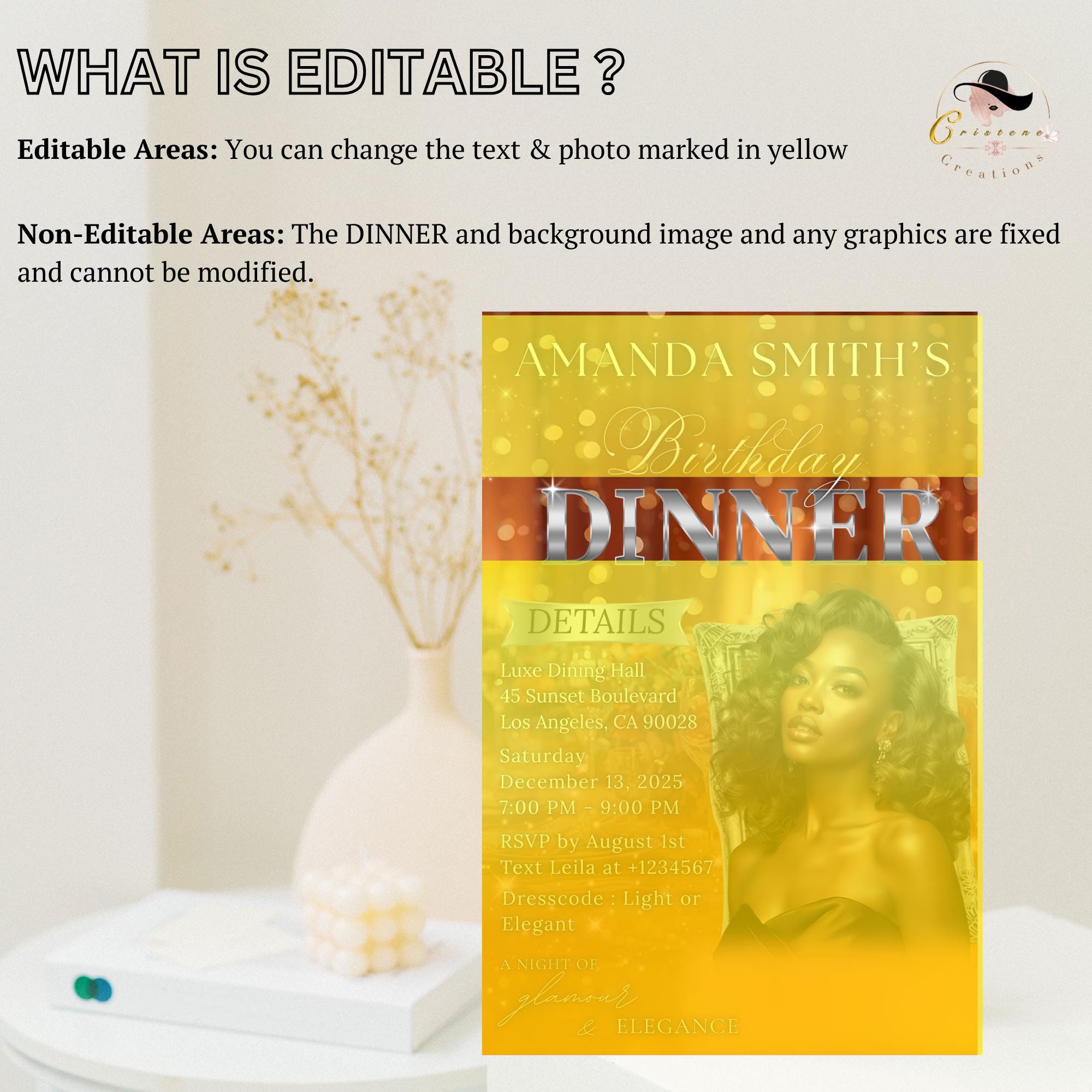 Digital Birthday Dinner Invitation Orange Silver Luxury Dinner Invite with photo, Editable Woman Birthday Invite, Retirement Party Template