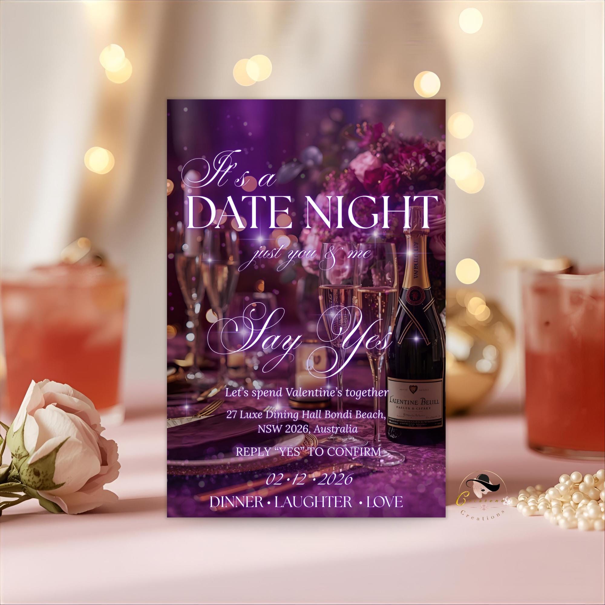 Date Night Invitation Couple Dinner Date Invite, Romantic Lovers Valentines Day Brunch, Purple Gold Couple Night Out Anniversary Template