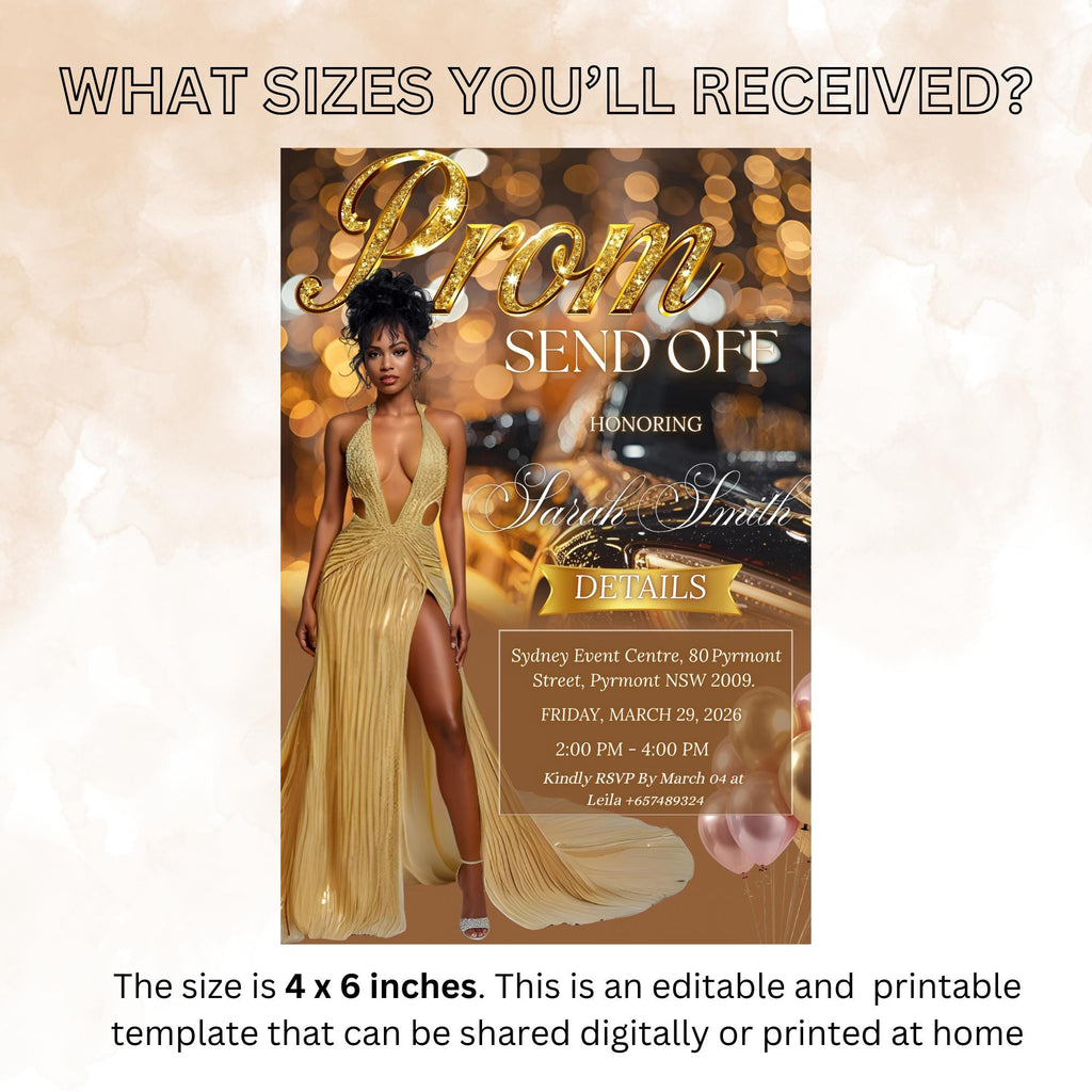 Digital Prom Send Off Party Invitation, Brown Gold Woman Prom Night with photo invite, Editable Senior Ball and Junior Prom Template, PRM02