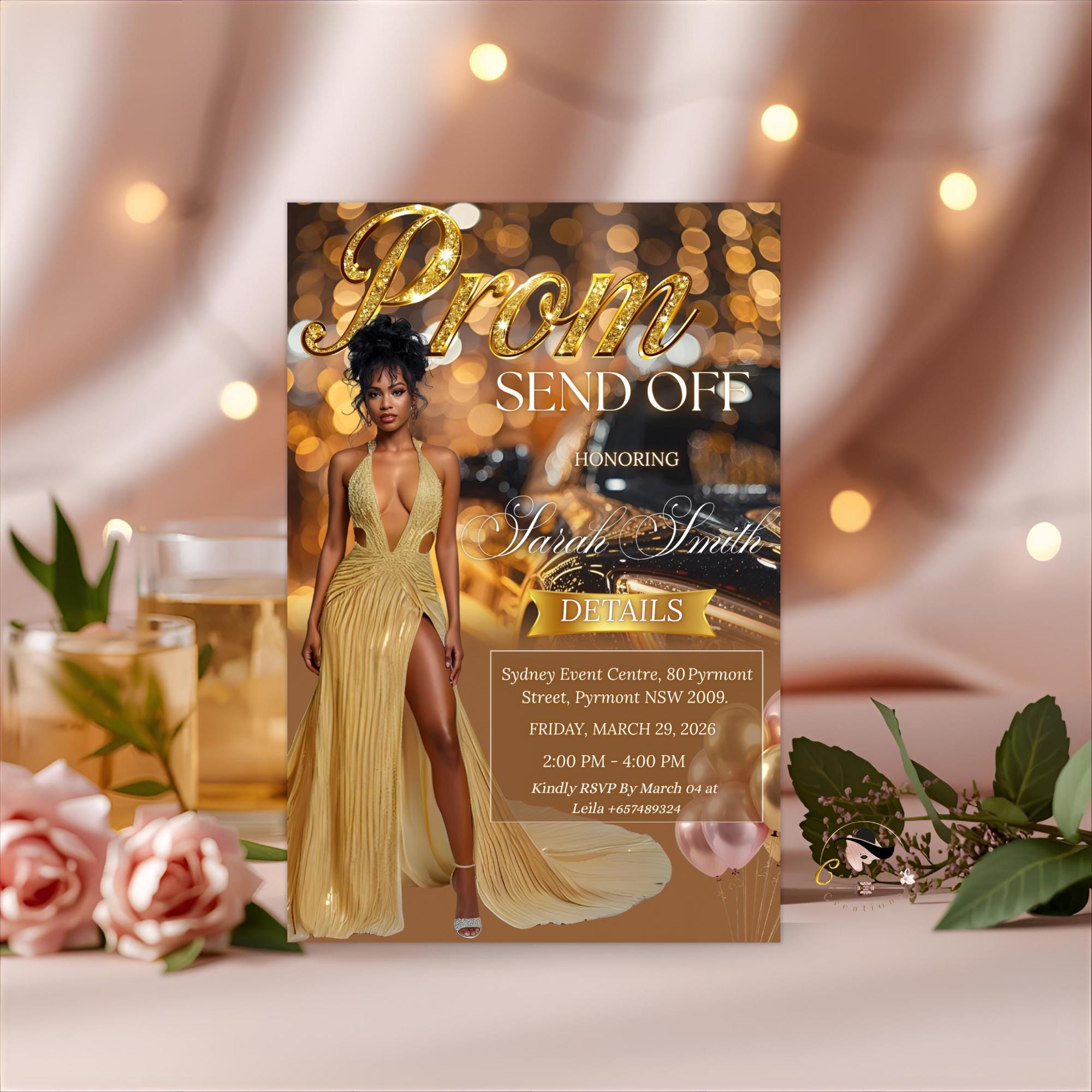 Digital Prom Send Off Party Invitation, Brown Gold Woman Prom Night with photo invite, Editable Senior Ball and Junior Prom Template, PRM02