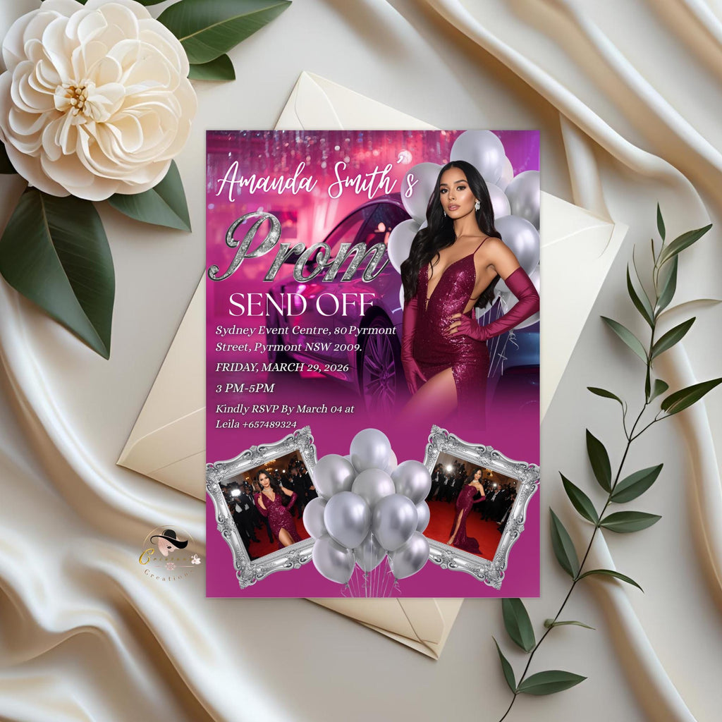 Digital Prom Send Off Party Invitation Purple Silver Woman Prom Night with photo invite, Elegant Senior Ball and Junior Prom Template, PRM08