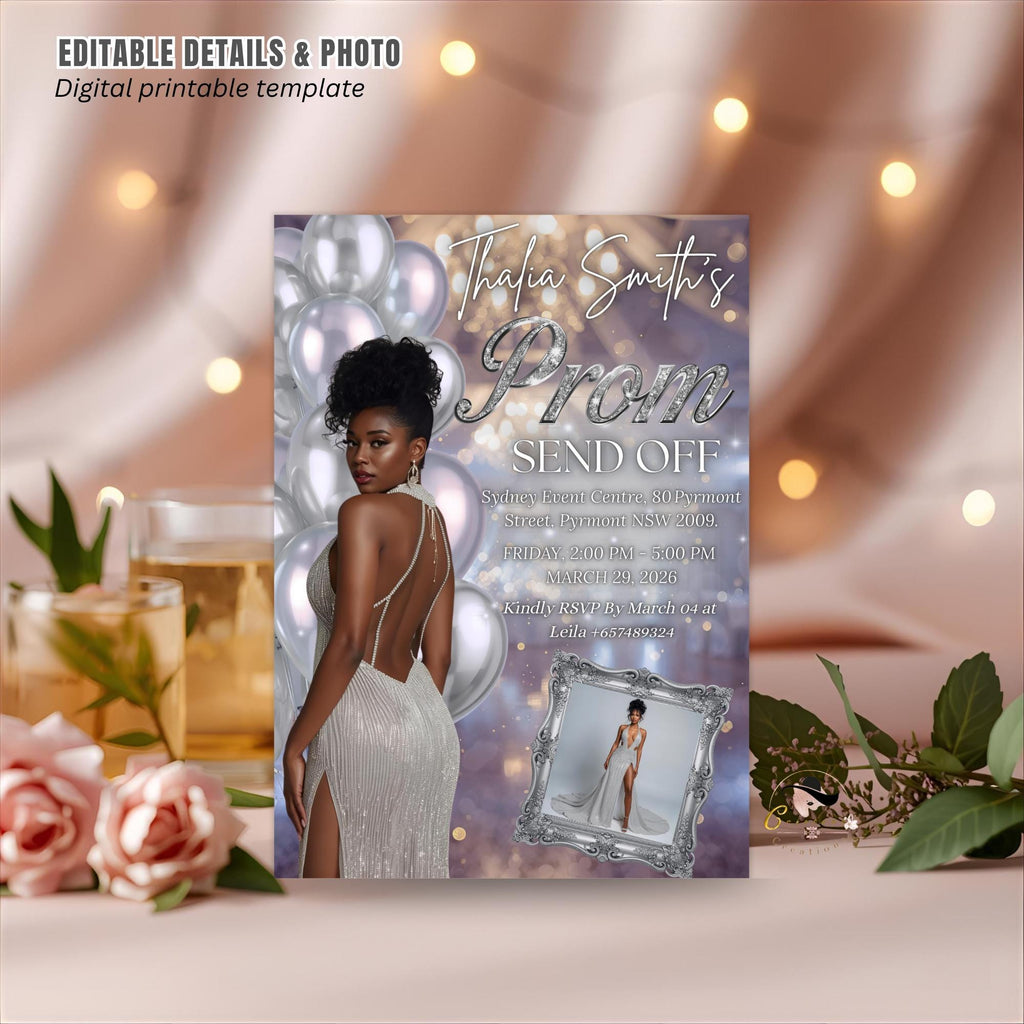 Editable Prom Send Off Party Invitation White Silver Woman Prom Night with photo invite, Digital Hollywood Theme Celebration Template, PRM14