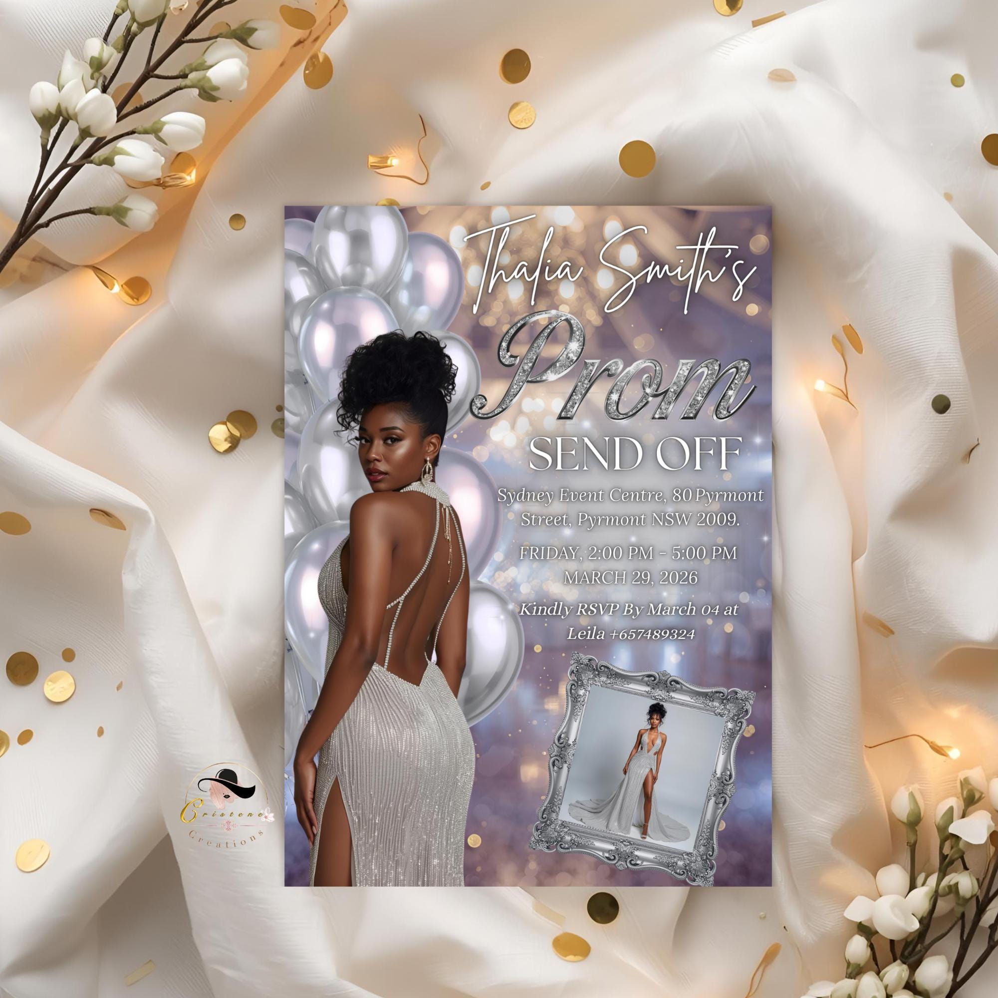 Editable Prom Send Off Party Invitation White Silver Woman Prom Night with photo invite, Digital Hollywood Theme Celebration Template, PRM14