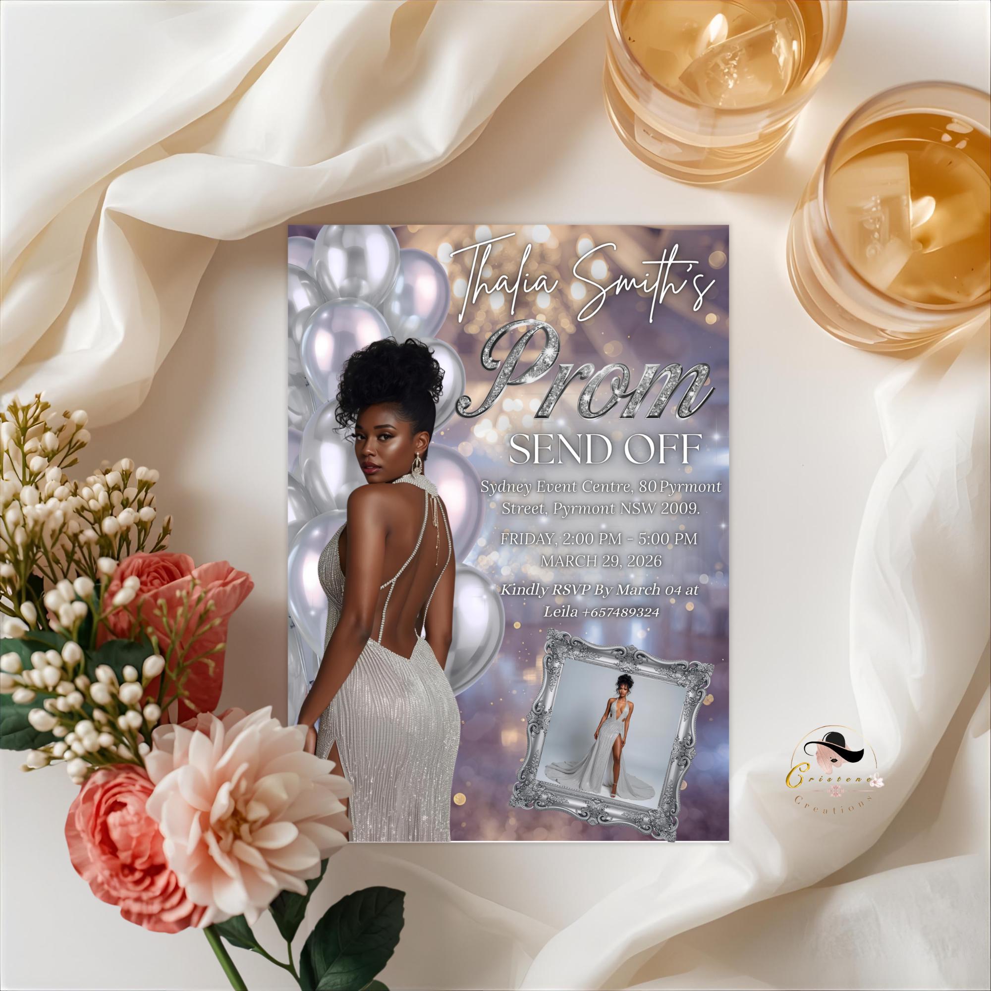 Editable Prom Send Off Party Invitation White Silver Woman Prom Night with photo invite, Digital Hollywood Theme Celebration Template, PRM14