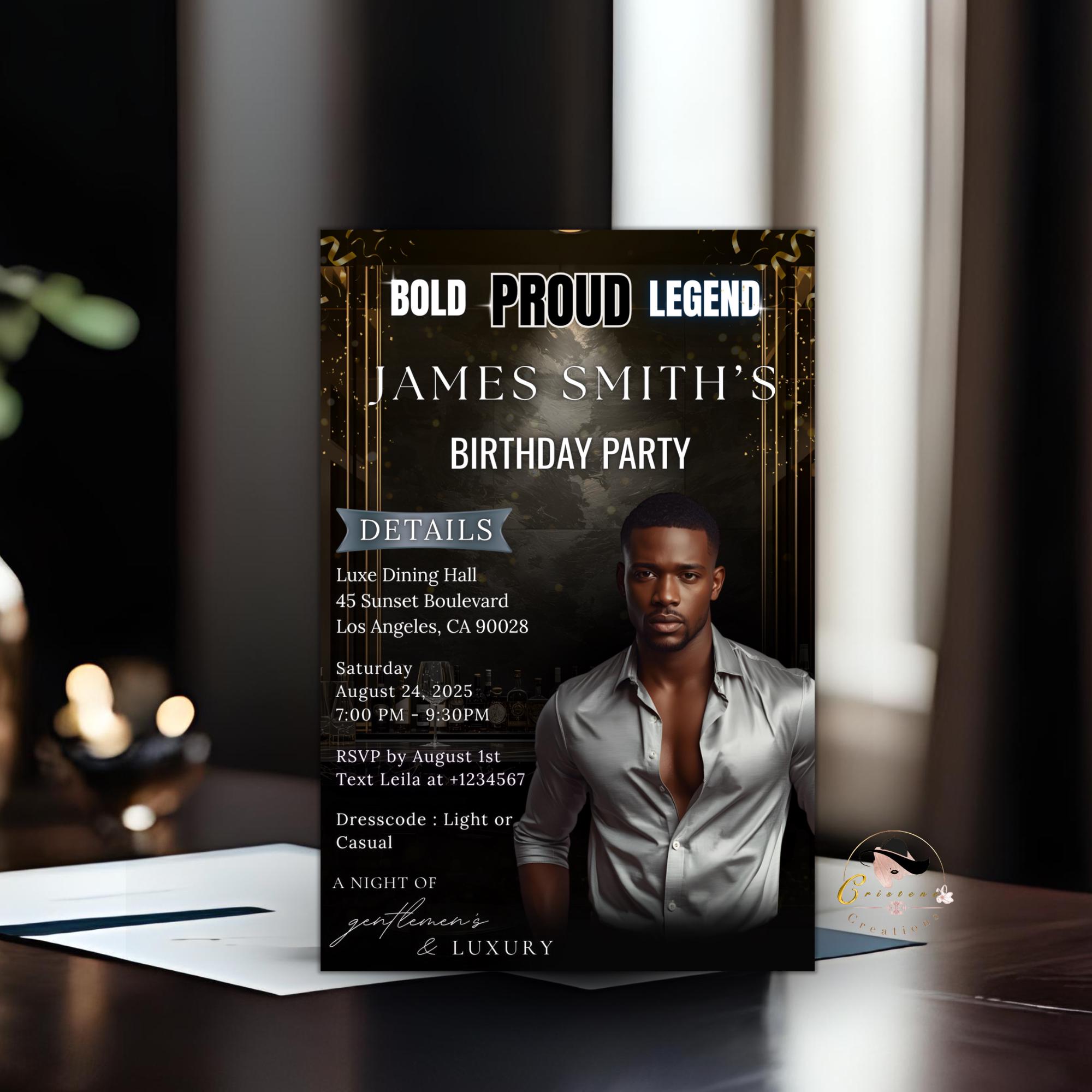 Editable Men Birthday Invitation Black Gold Male Birthday Dinner Invite with photo, Digital Whiskey Invite, Men's Retirement Party Template