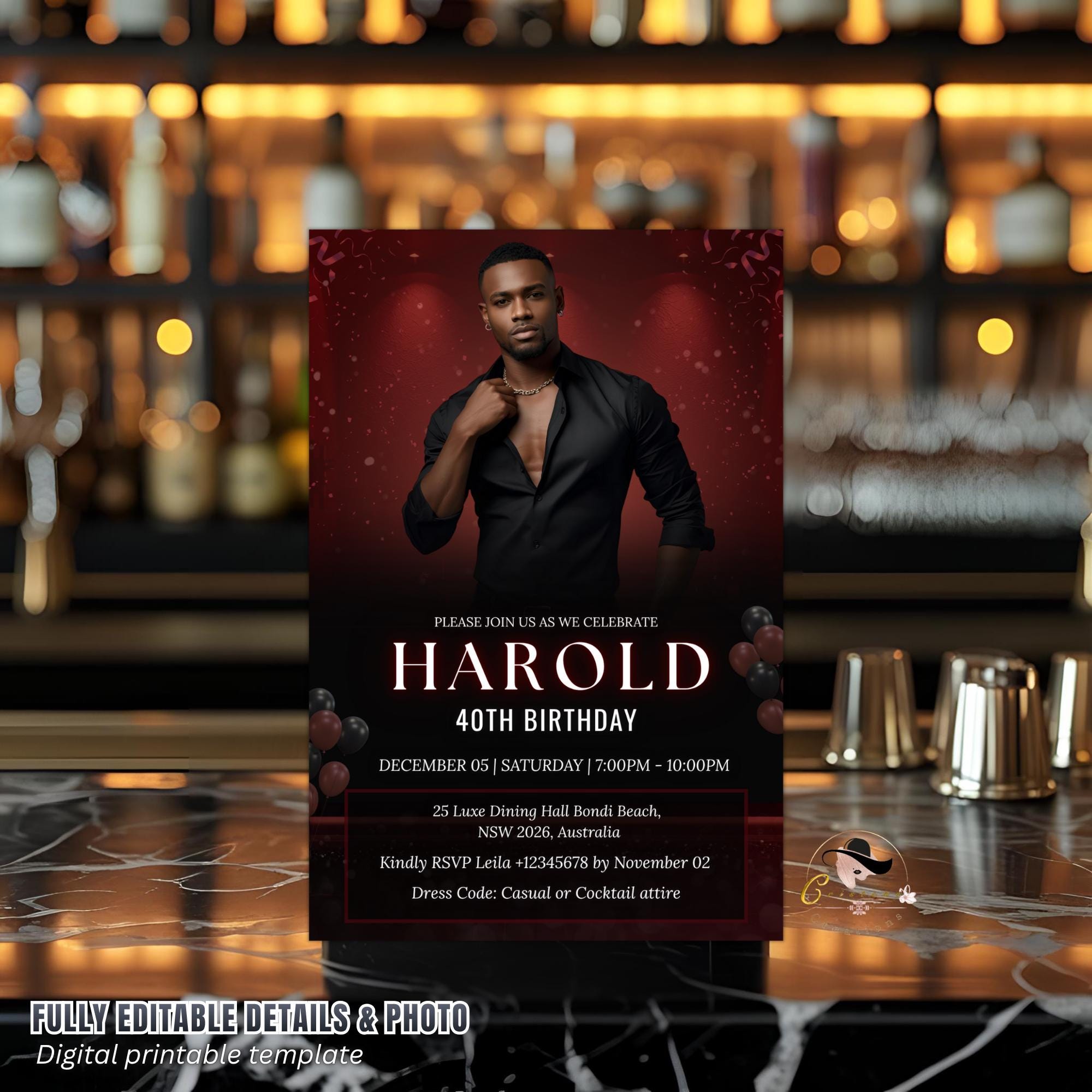 Editable Men Birthday Invitation Red Black Male Birthday Dinner Invite with photo, Digital Whiskey Invite, Men's Retirement Party Template