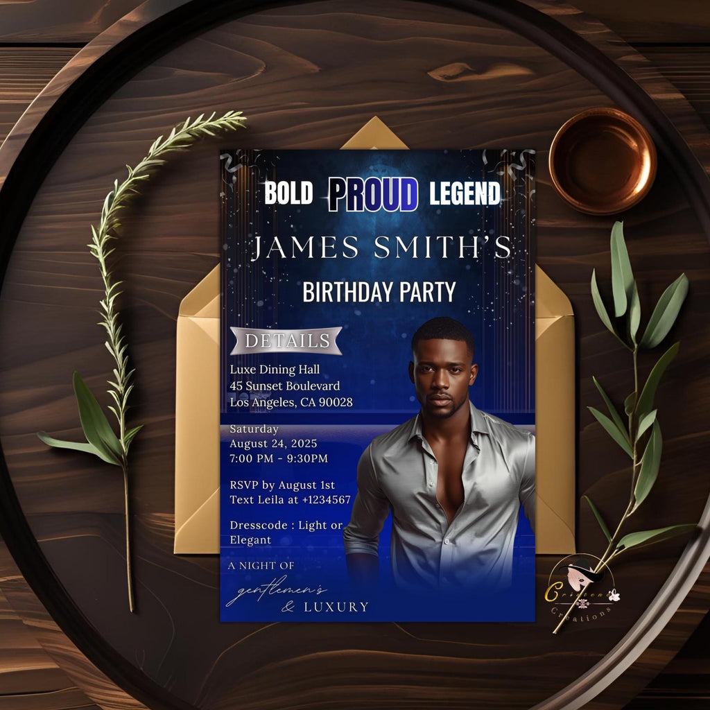 Digital Men Birthday Invitation Blue Silver Male Birthday Dinner Invite with photo, Editable Whiskey Invite, Men's Retirement Party Template