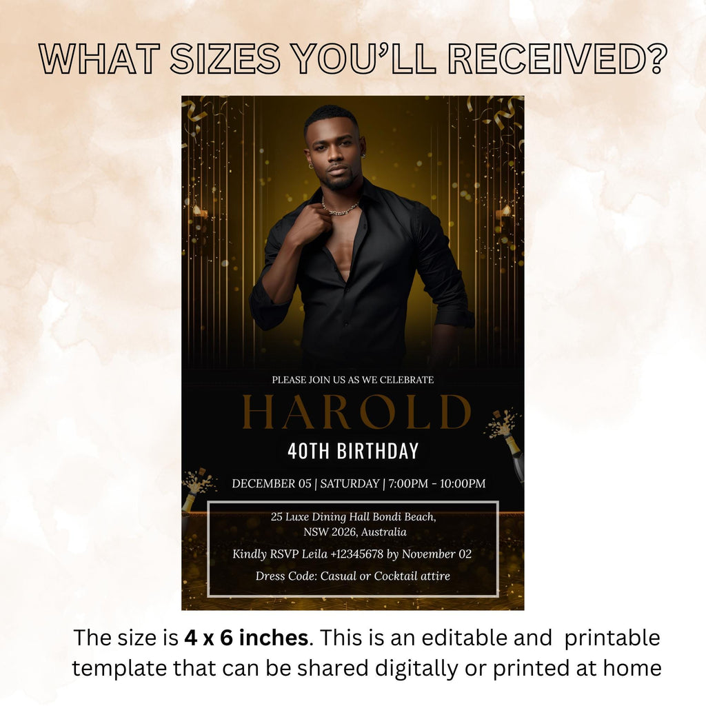 Digital Men Birthday Invitation Black Gold Male Birthday Dinner Invite with photo, Editable Whiskey Invite, Men's Retirement Party Template