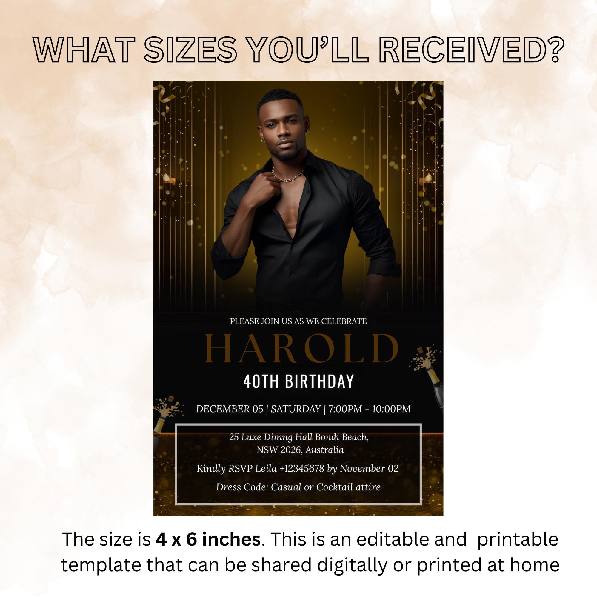 Digital Men Birthday Invitation Black Gold Male Birthday Dinner Invite with photo, Editable Whiskey Invite, Men's Retirement Party Template