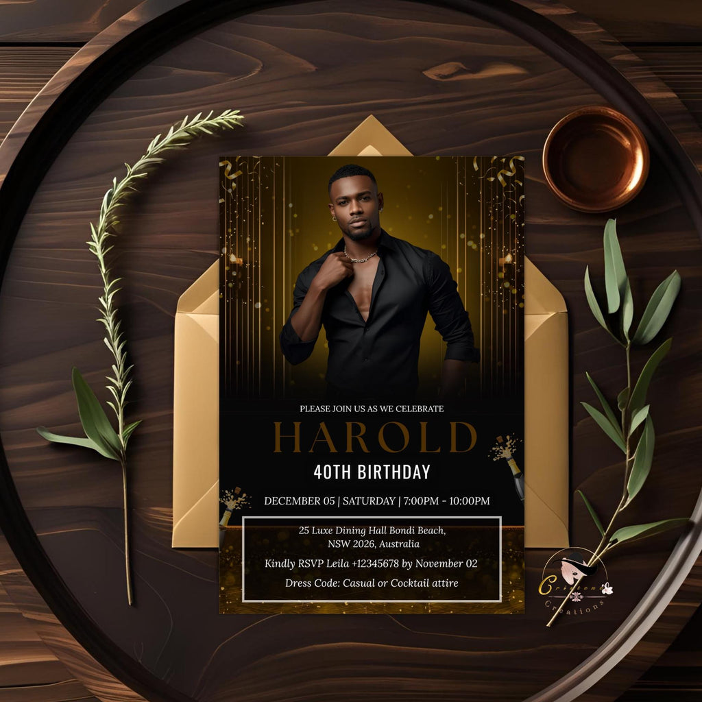 Digital Men Birthday Invitation Black Gold Male Birthday Dinner Invite with photo, Editable Whiskey Invite, Men's Retirement Party Template