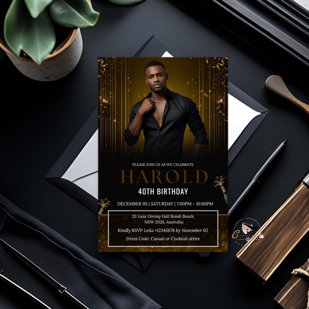 Digital Men Birthday Invitation Black Gold Male Birthday Dinner Invite with photo, Editable Whiskey Invite, Men's Retirement Party Template