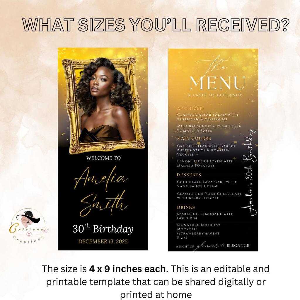 Editable Birthday Party Menu Black Gold Retirement Dinner Menu with photo, Elegant Prom Menu Printable, Any Formal Event Menu Card Template