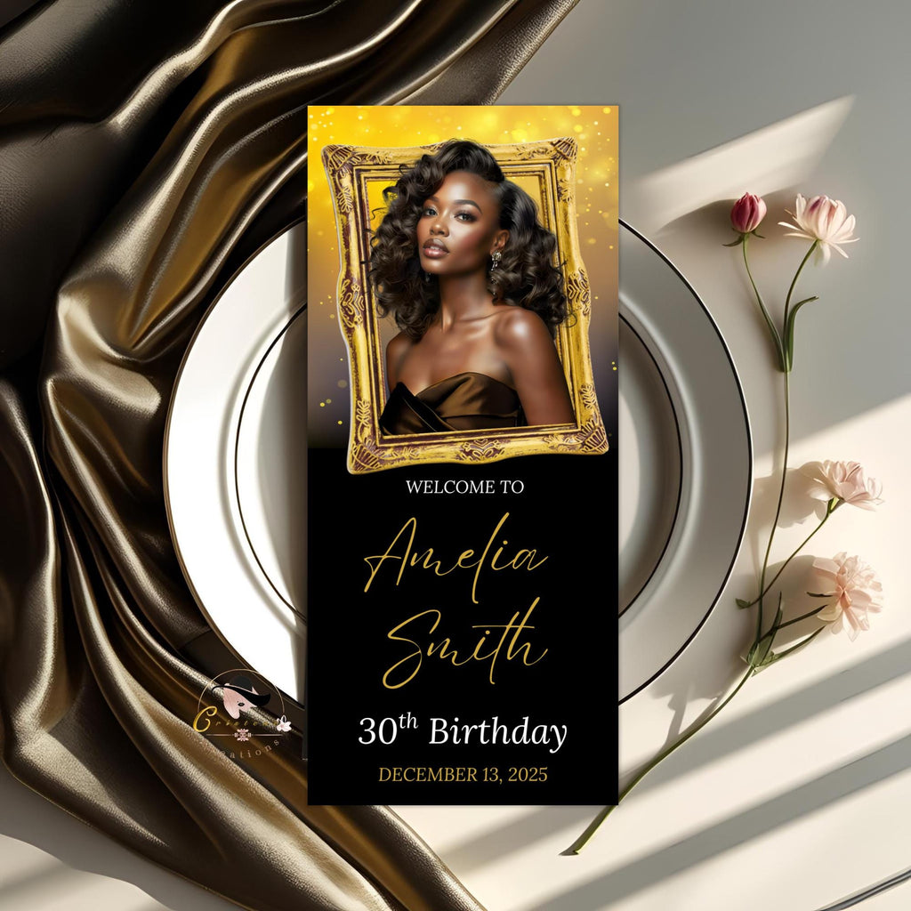 Editable Birthday Party Menu Black Gold Retirement Dinner Menu with photo, Elegant Prom Menu Printable, Any Formal Event Menu Card Template
