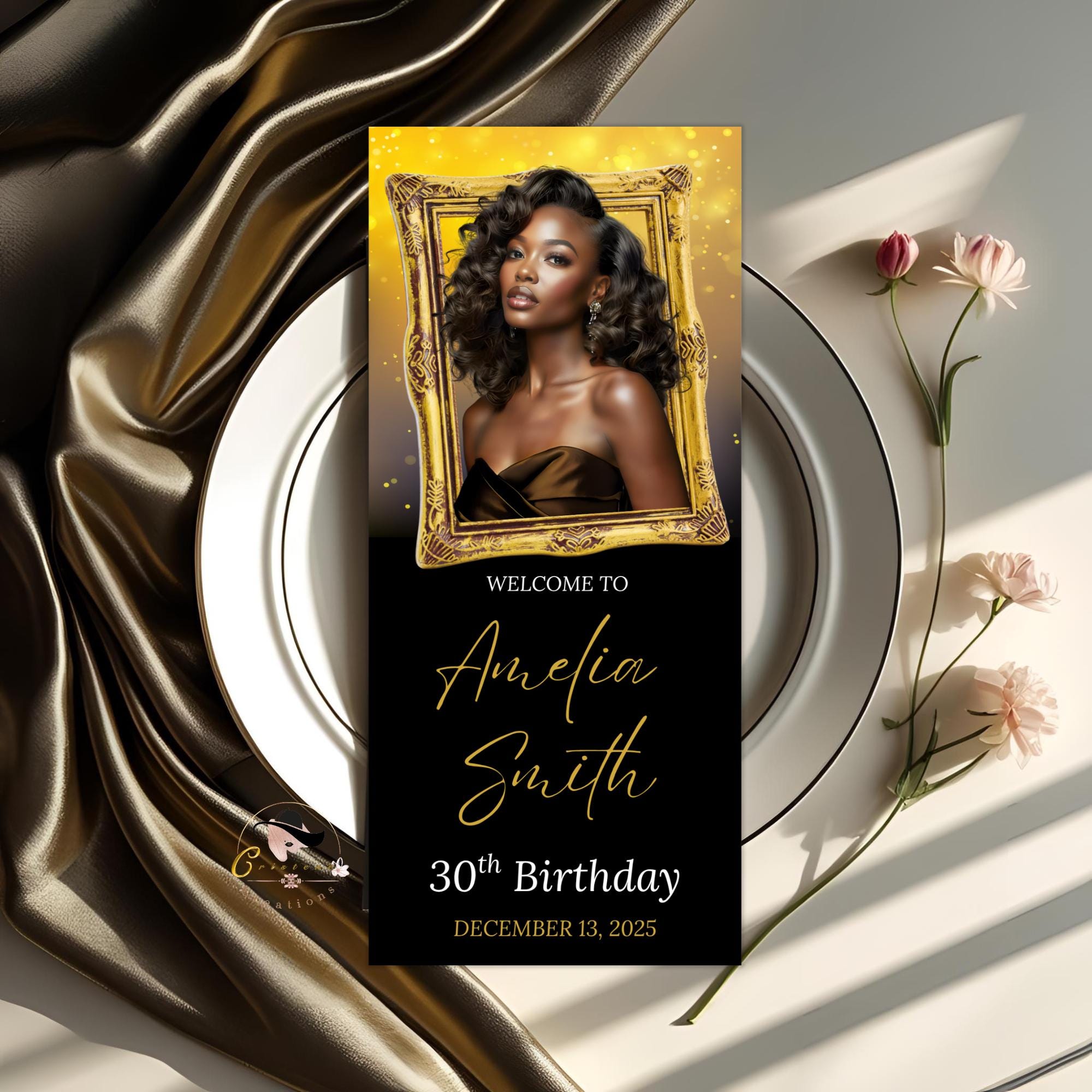 Editable Birthday Party Menu Black Gold Retirement Dinner Menu with photo, Elegant Prom Menu Printable, Any Formal Event Menu Card Template