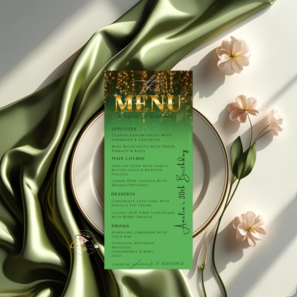 Editable Birthday Dinner Menu Green Gold Retirement Party Menu with photo, Elegant Prom Menu Printable, Any Formal Event Menu Card Template