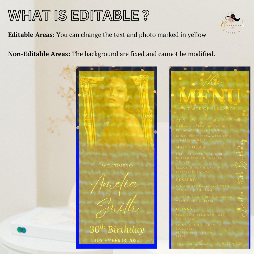 Editable Retirement Party Menu Blue Gold Birthday Dinner Menu with photo, Elegant Brunch Menu Printable, Any Formal Event Menu Card Template