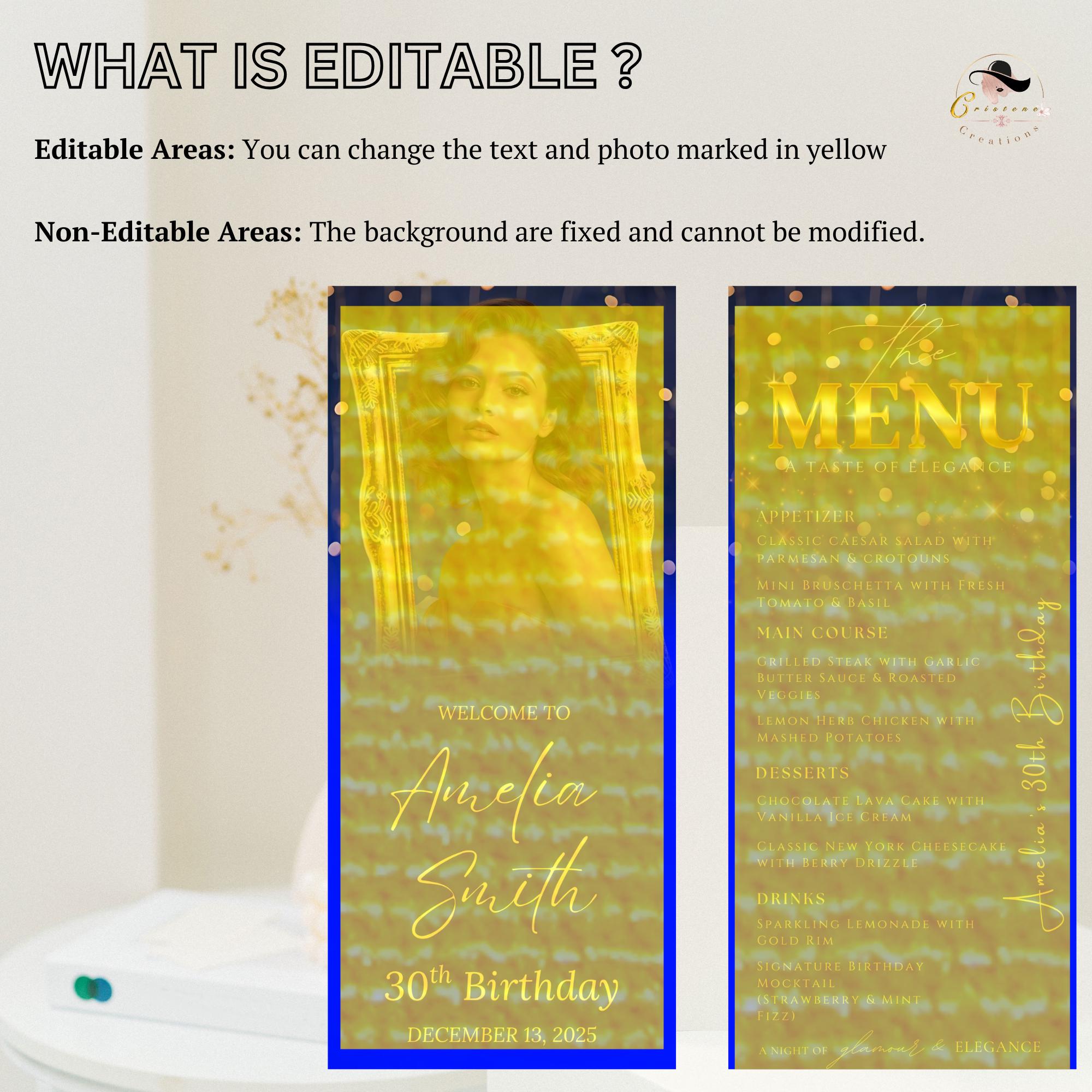 Editable Retirement Party Menu Blue Gold Birthday Dinner Menu with photo, Elegant Brunch Menu Printable, Any Formal Event Menu Card Template
