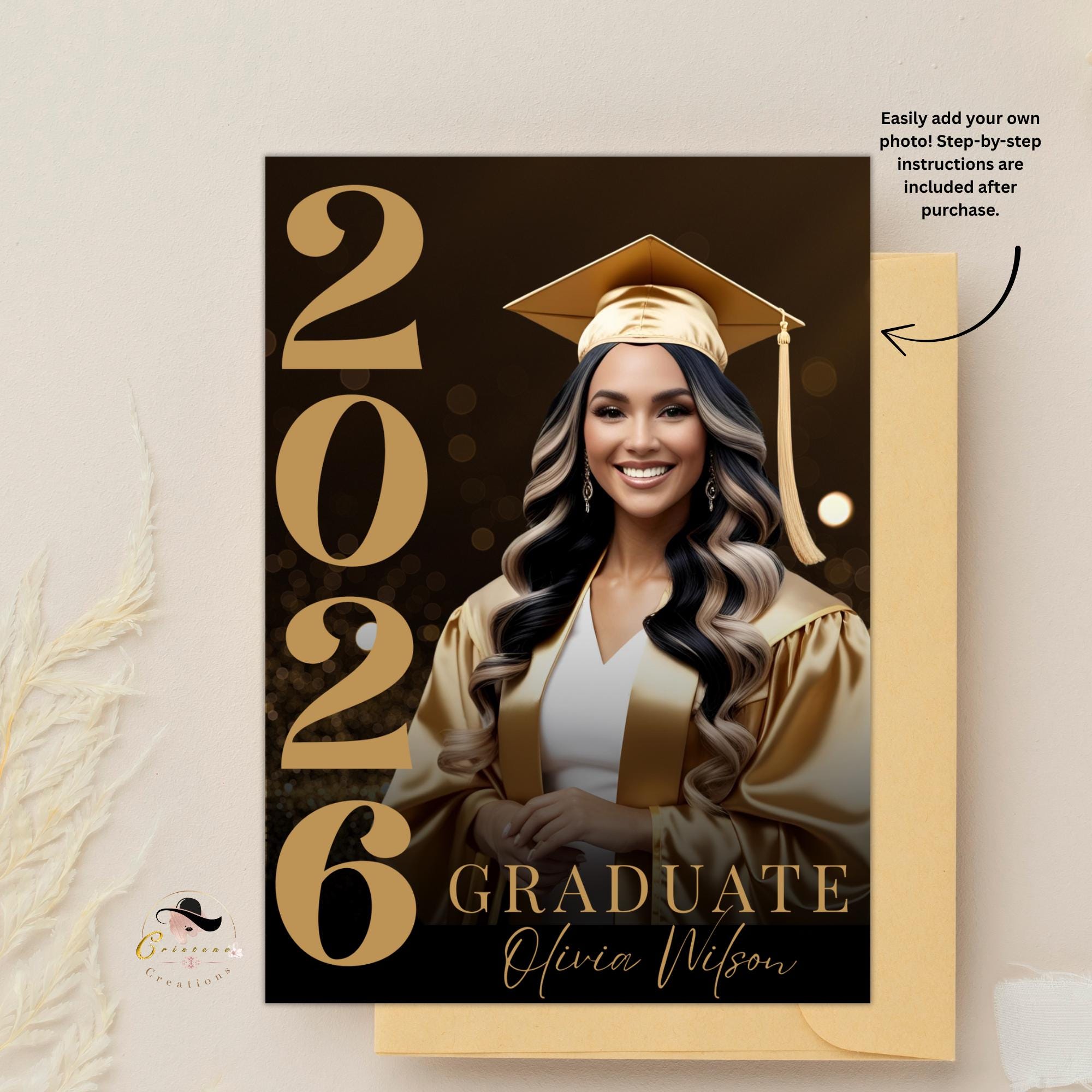 Black gold Graduation Announcement 2026 Invitation, Digital Senior Graduation Female invite with photo, College Graduation Party Template