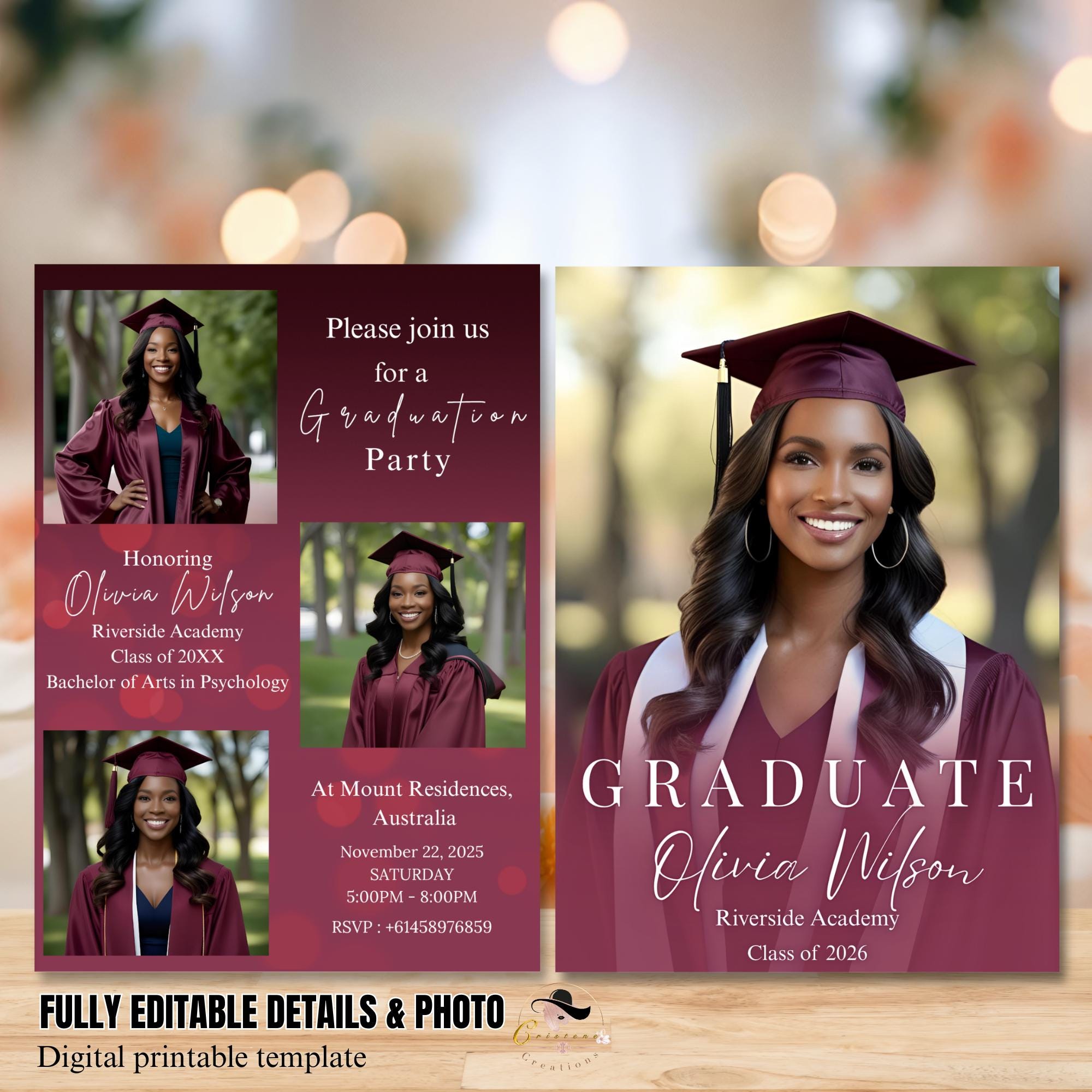 Maroon Graduation Announcement 2026 Invitation, Female Senior Grad Party Invite with photo, Burgundy College Graduation Day Digital Template