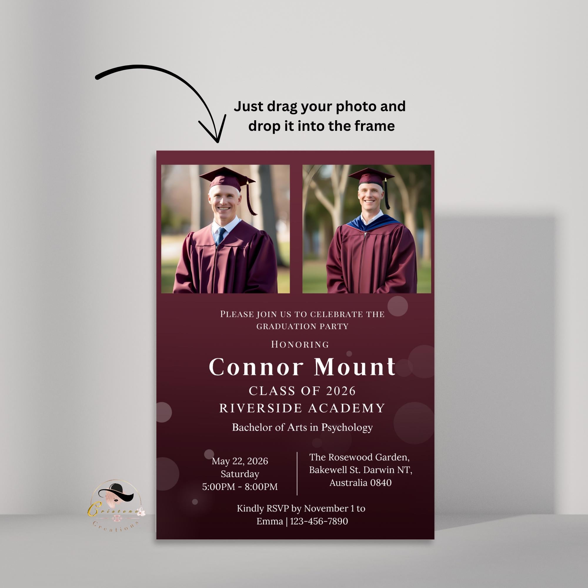 Digital Men Graduation Announcement 2026 Invitation, Maroon Senior Grad Party Invite with photo, Burgundy High School Graduation Template