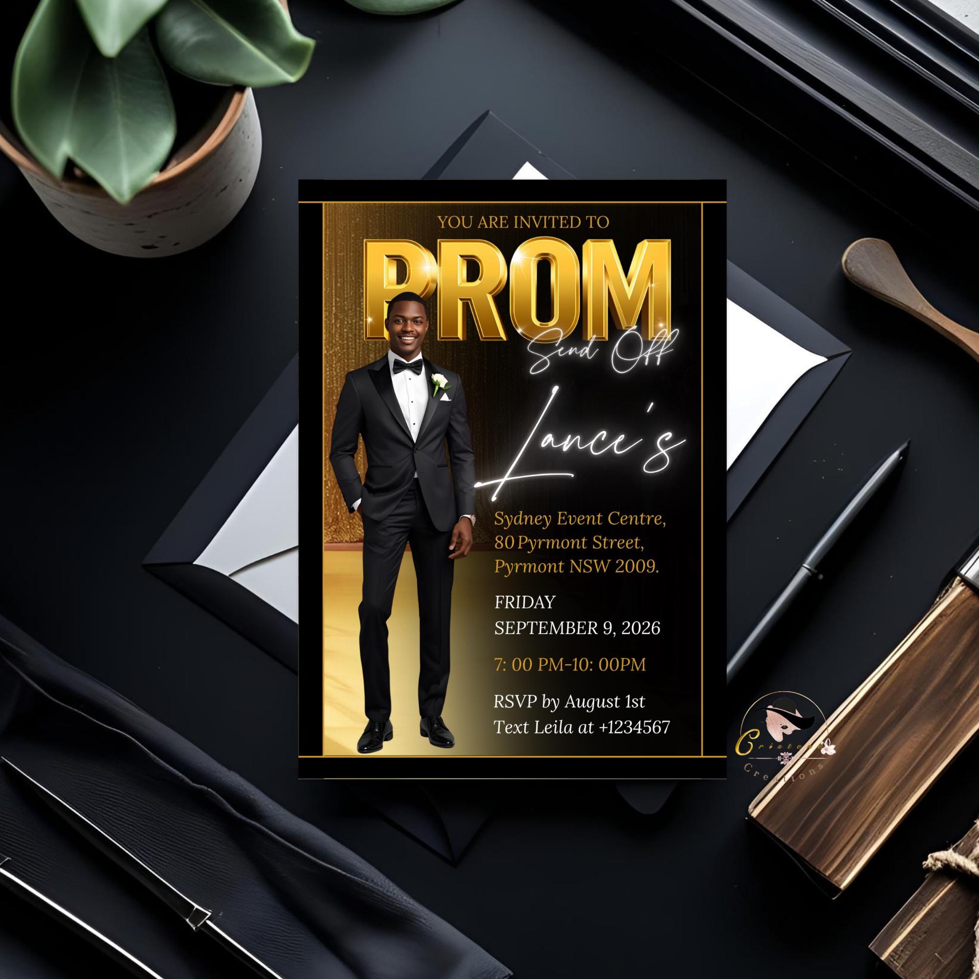 Prom Send Off Party Invitation, Black Gold Men Prom Night with photo invite, Editable Senior Ball and Junior Prom Hollywood Theme Template
