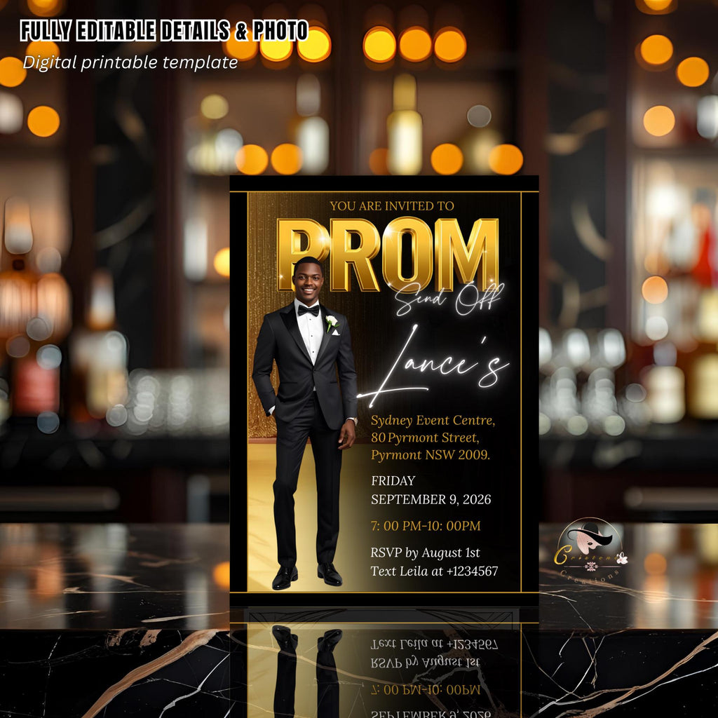 Prom Send Off Party Invitation, Black Gold Men Prom Night with photo invite, Editable Senior Ball and Junior Prom Hollywood Theme Template