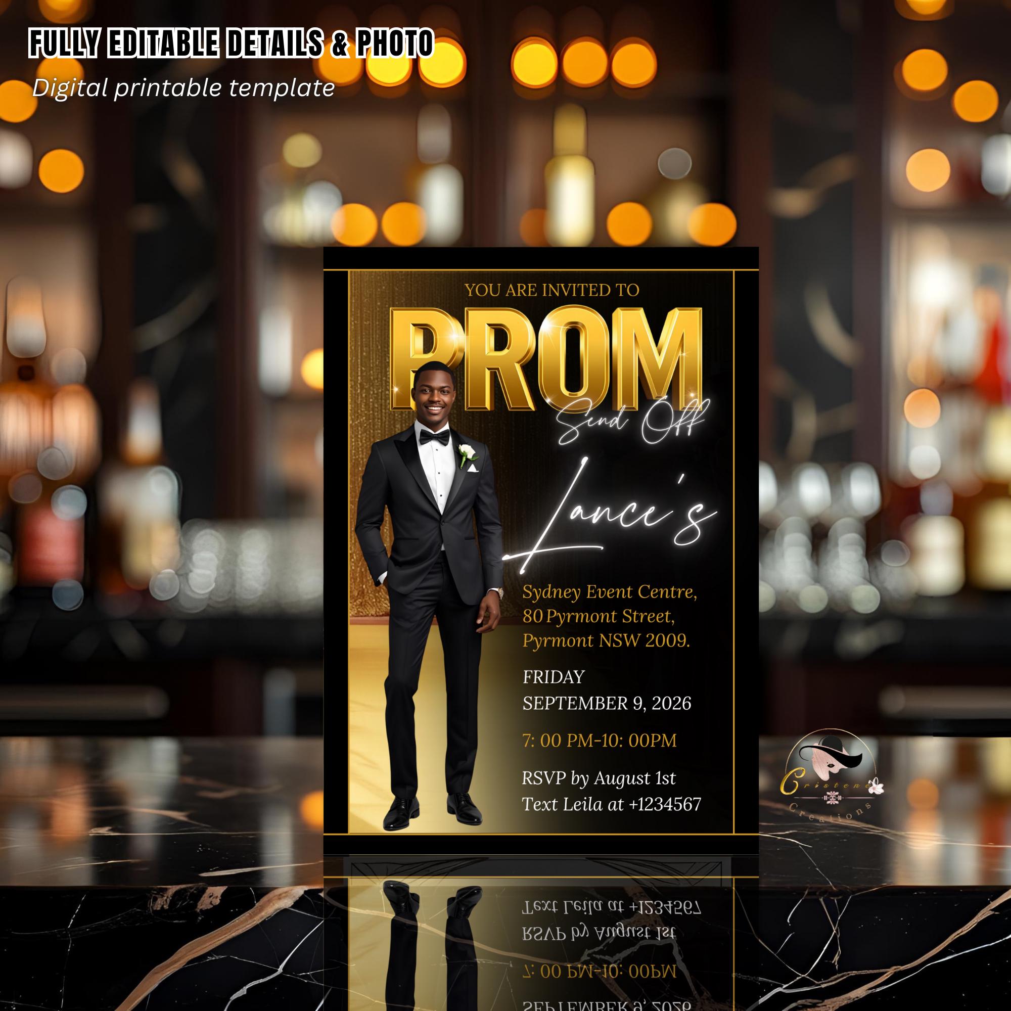 Prom Send Off Party Invitation, Black Gold Men Prom Night with photo invite, Editable Senior Ball and Junior Prom Hollywood Theme Template