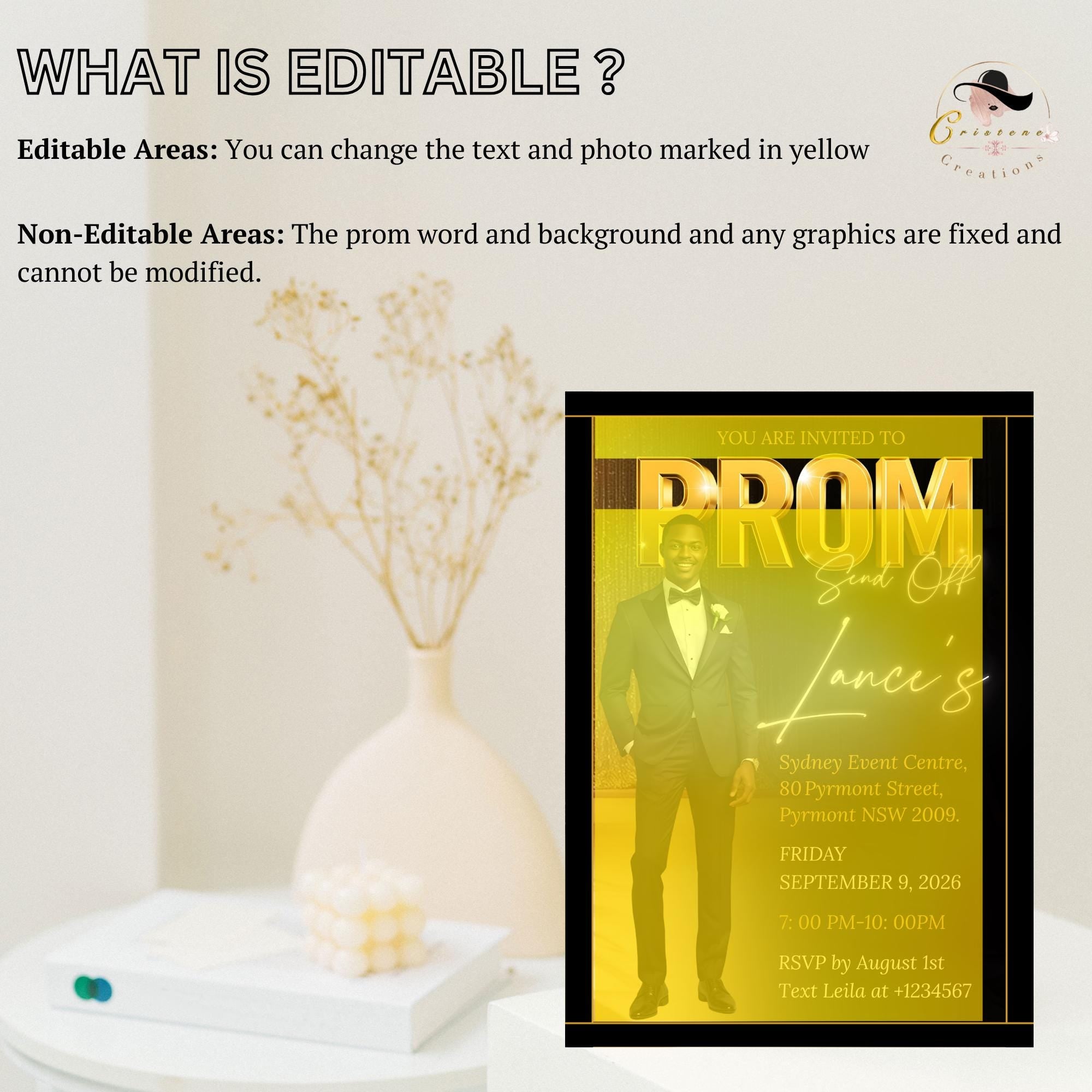 Prom Send Off Party Invitation, Black Gold Men Prom Night with photo invite, Editable Senior Ball and Junior Prom Hollywood Theme Template