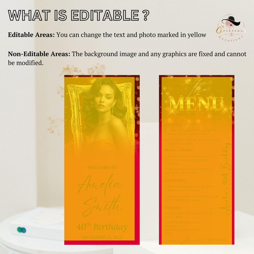 Editable Birthday Dinner Menu Red Gold Retirement Party Menu with photo, Elegant Brunch Menu Printable, Any Formal Event Menu Card Template