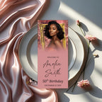 Editable Birthday Dinner Menu Pink Gold Retirement Party Menu with photo, Elegant Woman Brunch Menu Printable Sweet 16 Menu Card Template
