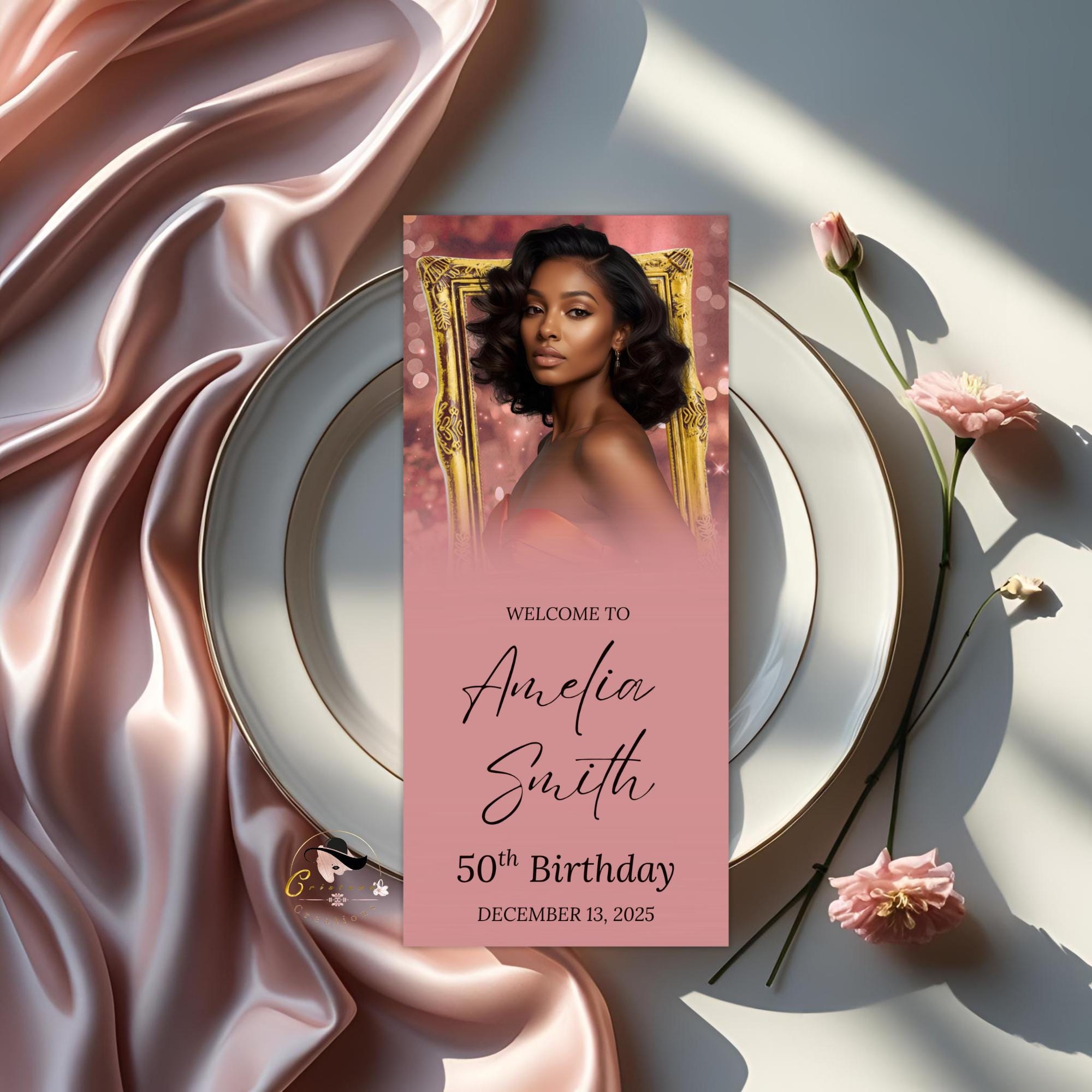 Editable Birthday Dinner Menu Pink Gold Retirement Party Menu with photo, Elegant Woman Brunch Menu Printable Sweet 16 Menu Card Template