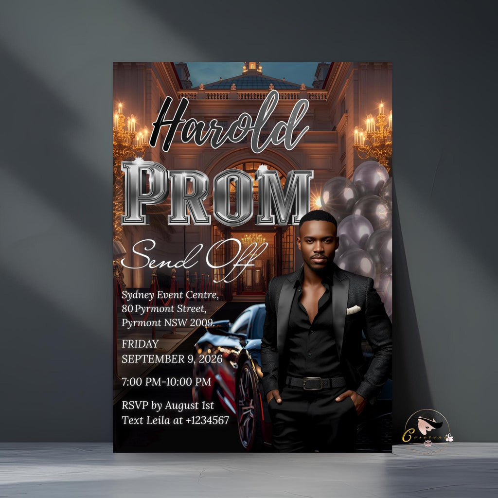 Prom Send Off Party Invitation, Black Silver Men Prom Night with photo invite, Editable Senior Ball and Junior Prom Hollywood Theme Template
