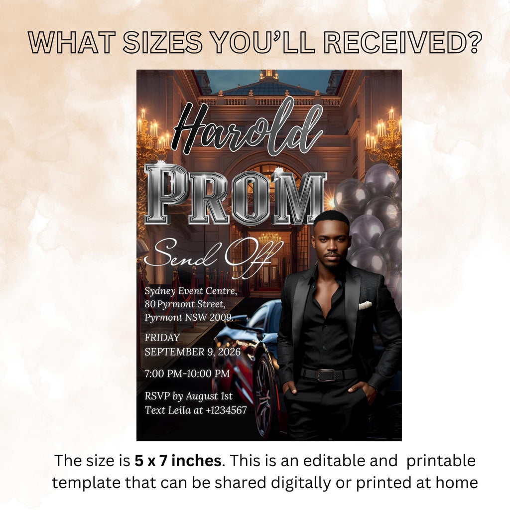 Prom Send Off Party Invitation, Black Silver Men Prom Night with photo invite, Editable Senior Ball and Junior Prom Hollywood Theme Template