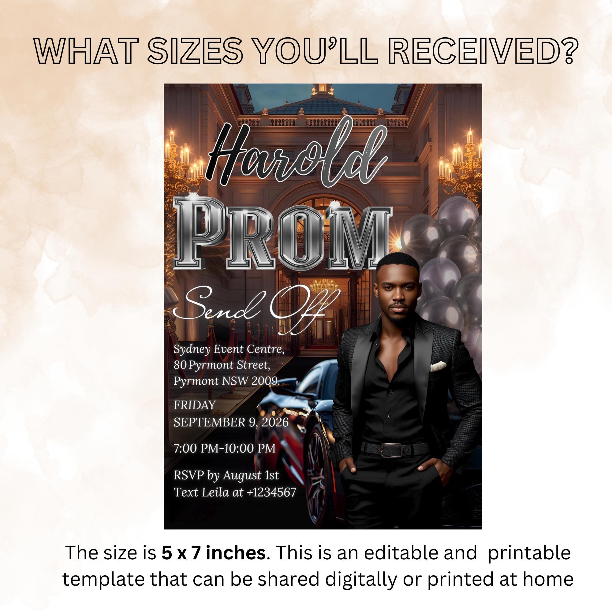 Prom Send Off Party Invitation, Black Silver Men Prom Night with photo invite, Editable Senior Ball and Junior Prom Hollywood Theme Template