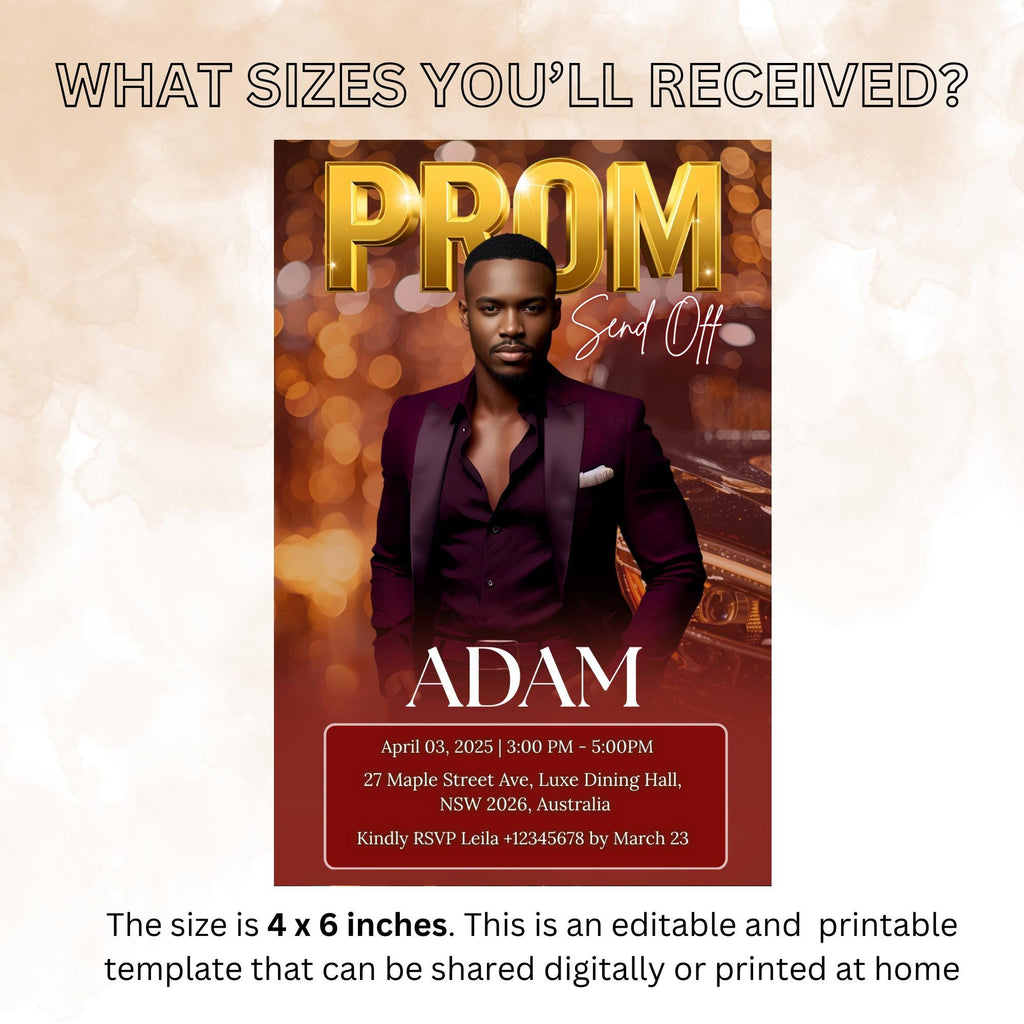 Prom Send Off Party Invitation, Maroon Men Prom Night with photo invite, Editable Senior Ball and Junior Prom Teen Boy Burgundy Template