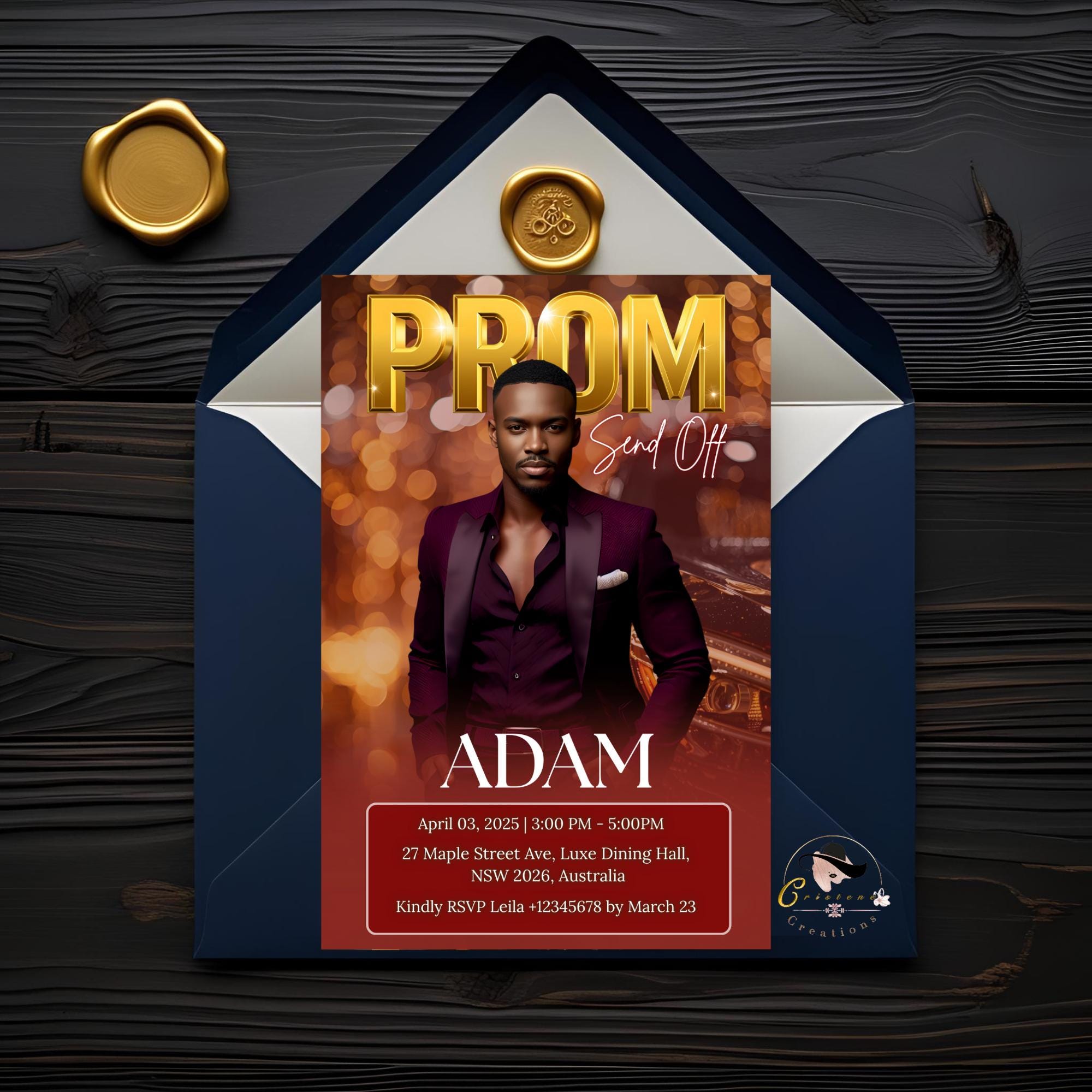 Prom Send Off Party Invitation, Maroon Men Prom Night with photo invite, Editable Senior Ball and Junior Prom Teen Boy Burgundy Template