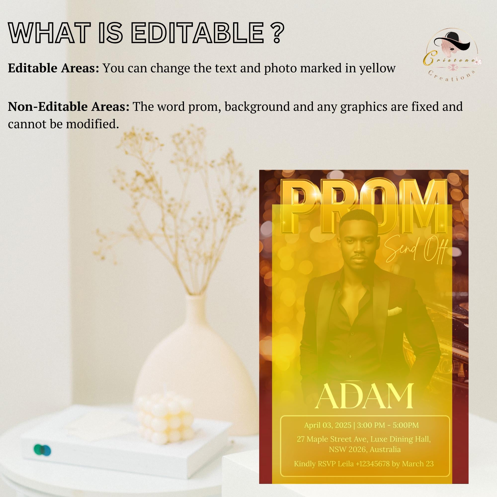 Prom Send Off Party Invitation, Maroon Men Prom Night with photo invite, Editable Senior Ball and Junior Prom Teen Boy Burgundy Template