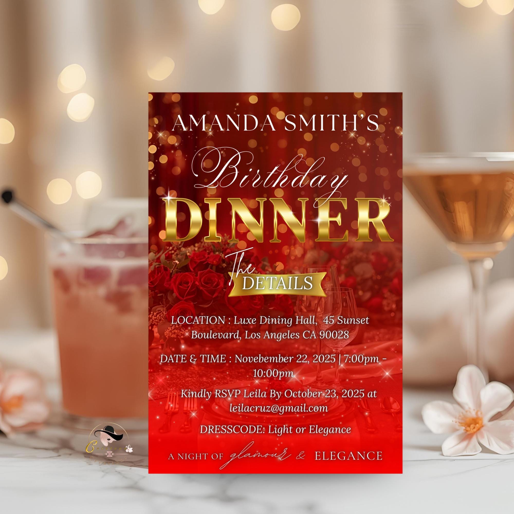 Digital Birthday Dinner Invitation, Red Gold Retirement Dinner Party Invite, Elegant Woman Dinner invite, Classy Surprise Dinner Template