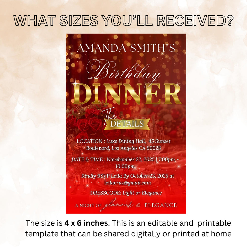 Digital Birthday Dinner Invitation, Red Gold Retirement Dinner Party Invite, Elegant Woman Dinner invite, Classy Surprise Dinner Template