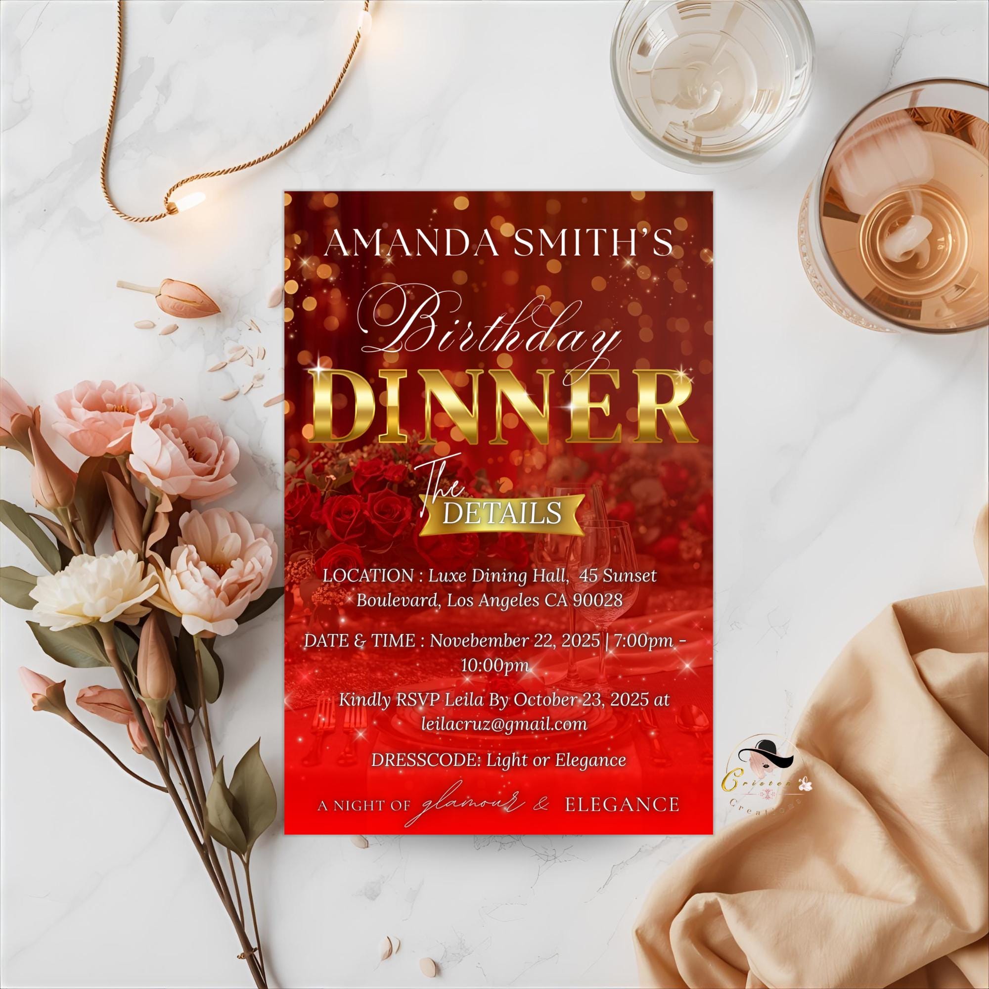 Digital Birthday Dinner Invitation, Red Gold Retirement Dinner Party Invite, Elegant Woman Dinner invite, Classy Surprise Dinner Template