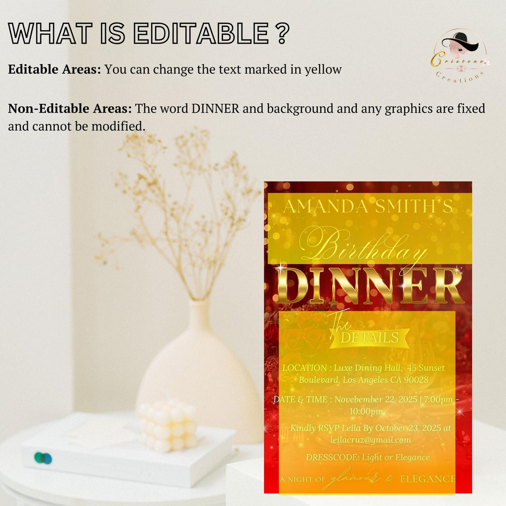 Digital Birthday Dinner Invitation, Red Gold Retirement Dinner Party Invite, Elegant Woman Dinner invite, Classy Surprise Dinner Template