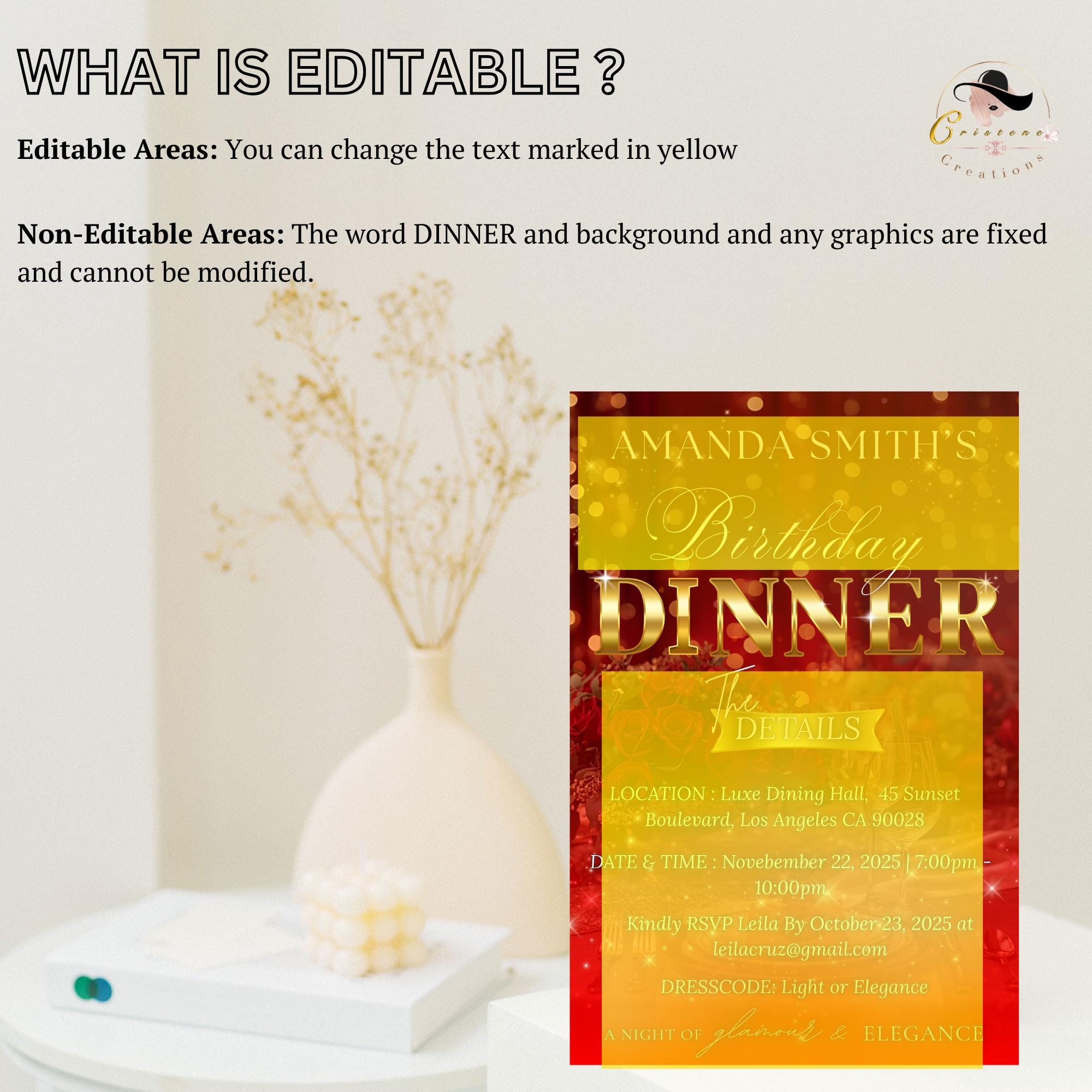Digital Birthday Dinner Invitation, Red Gold Retirement Dinner Party Invite, Elegant Woman Dinner invite, Classy Surprise Dinner Template
