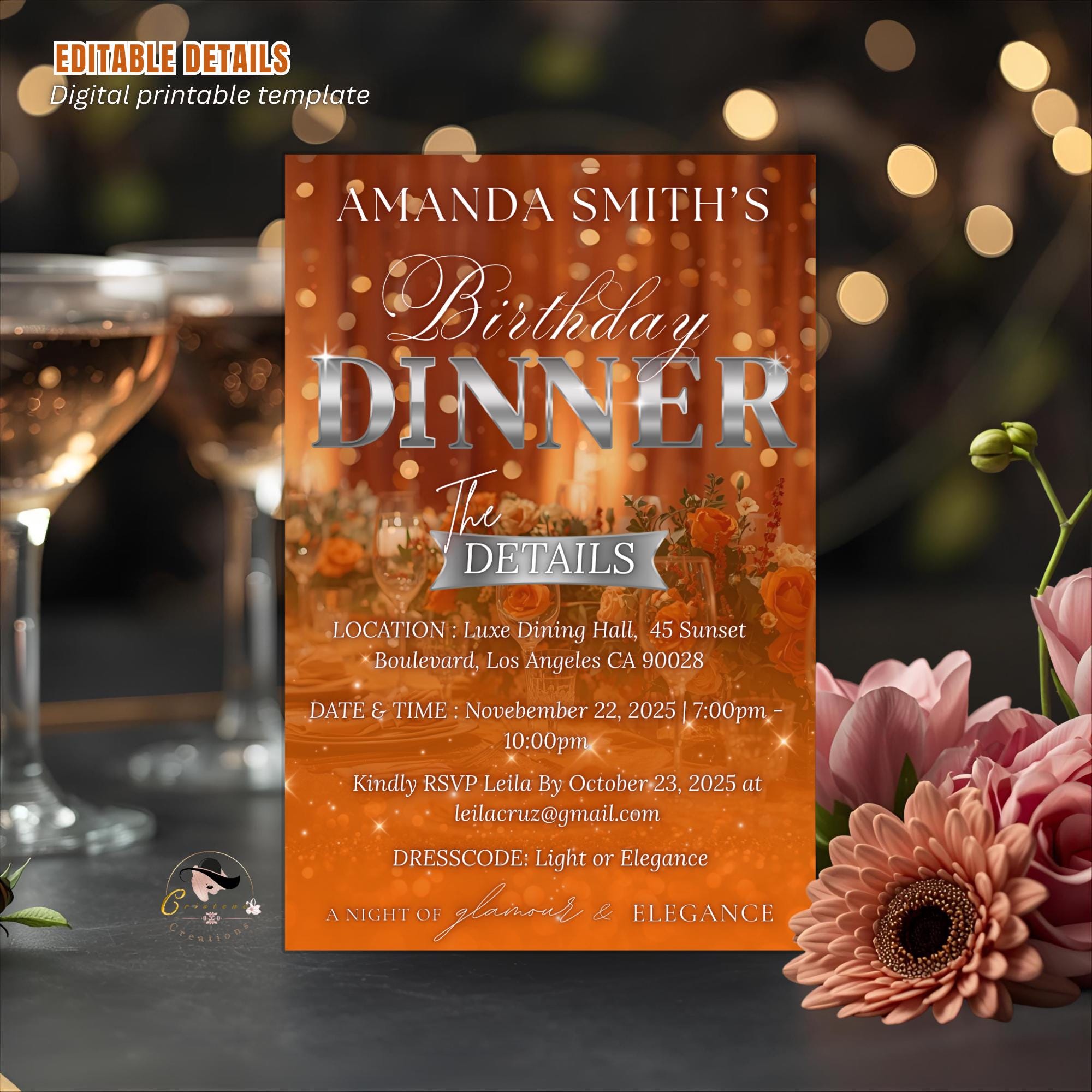 Digital Birthday Dinner Invitation, Orange Silver Retirement Dinner Party Invite, Elegant Woman Dinner invite, Bridal Shower Dinner Template