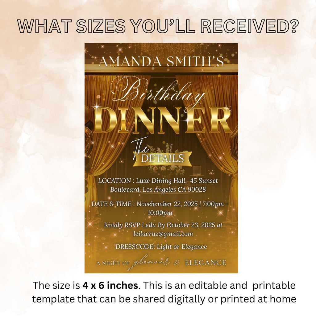 Editable Birthday Dinner Invitation, Black Gold Retirement Dinner Party Invite, Elegant Woman Dinner invite, Classy Surprise Dinner Template