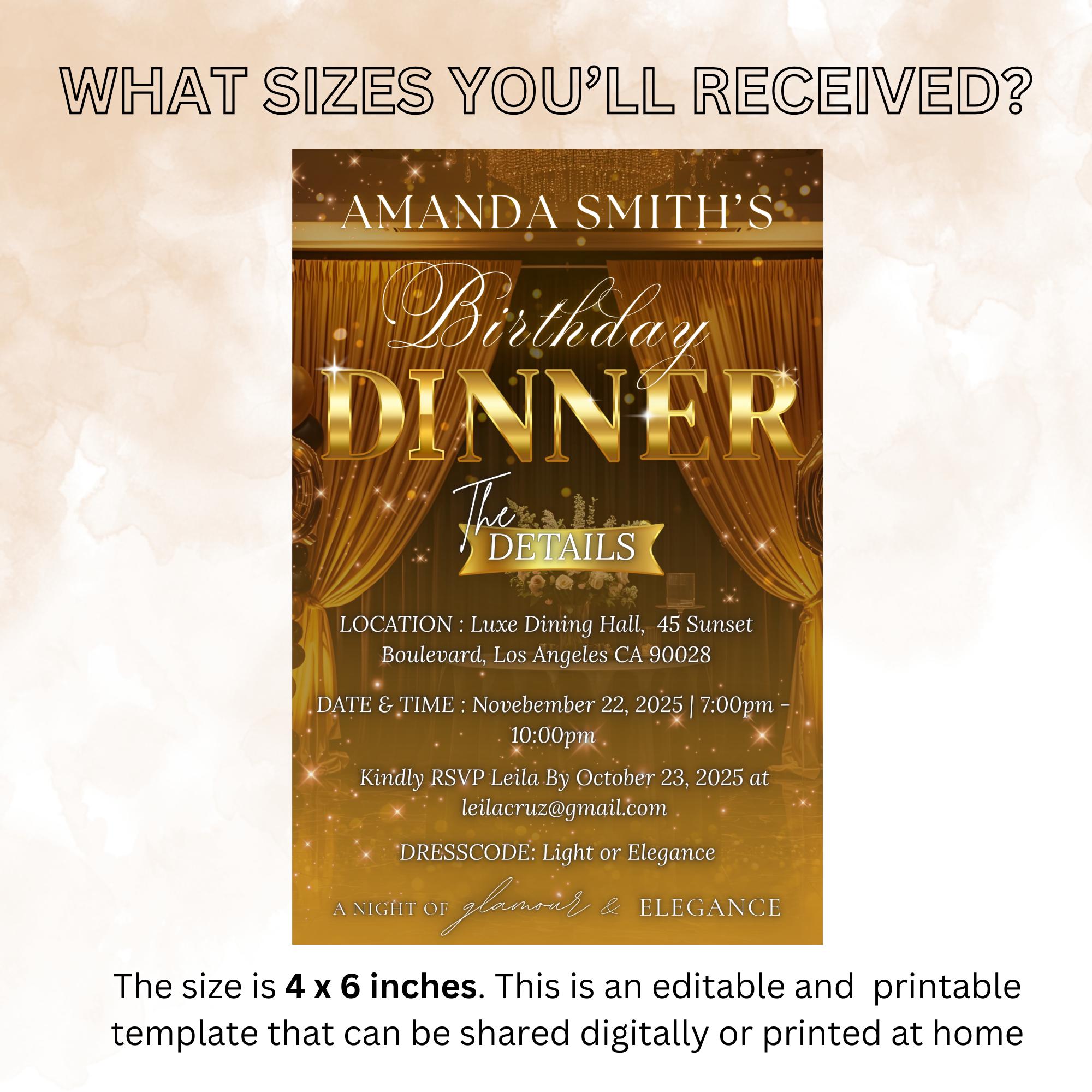 Editable Birthday Dinner Invitation, Black Gold Retirement Dinner Party Invite, Elegant Woman Dinner invite, Classy Surprise Dinner Template