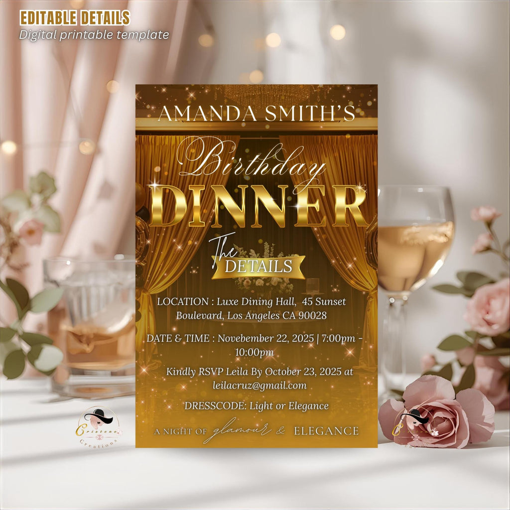 Editable Birthday Dinner Invitation, Black Gold Retirement Dinner Party Invite, Elegant Woman Dinner invite, Classy Surprise Dinner Template