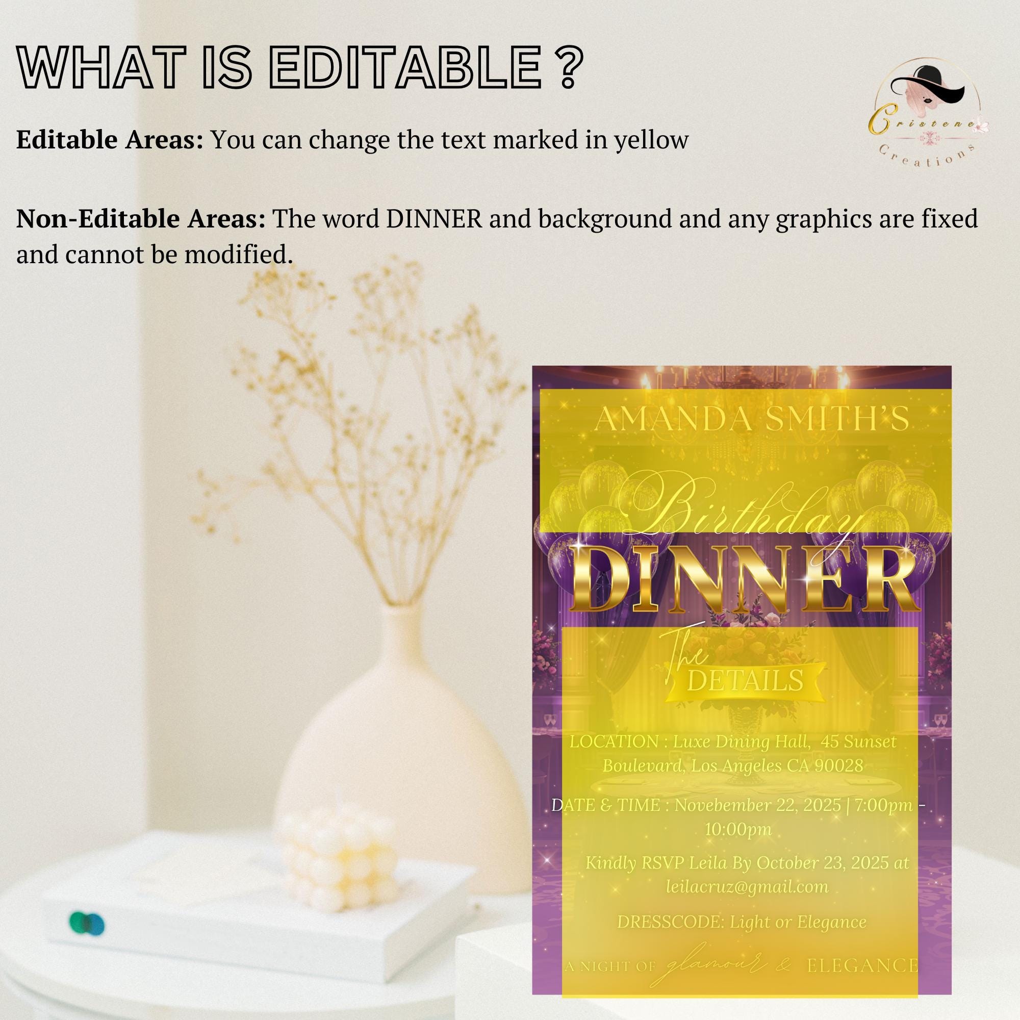Editable Birthday Dinner Invitation, Purple Gold Retirement Dinner Party Invite Elegant Woman Dinner invite, Classy Surprise Dinner Template