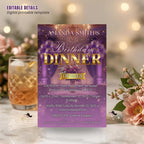 Editable Birthday Dinner Invitation, Purple Gold Retirement Dinner Party Invite Elegant Woman Dinner invite, Classy Surprise Dinner Template