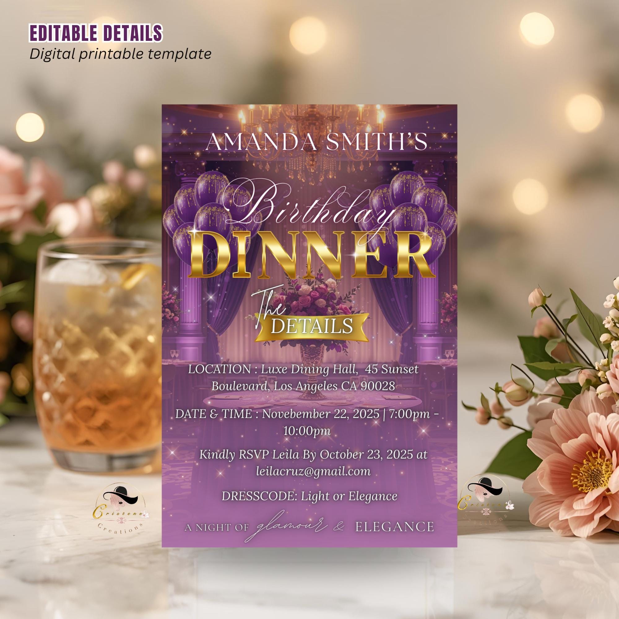 Editable Birthday Dinner Invitation, Purple Gold Retirement Dinner Party Invite Elegant Woman Dinner invite, Classy Surprise Dinner Template